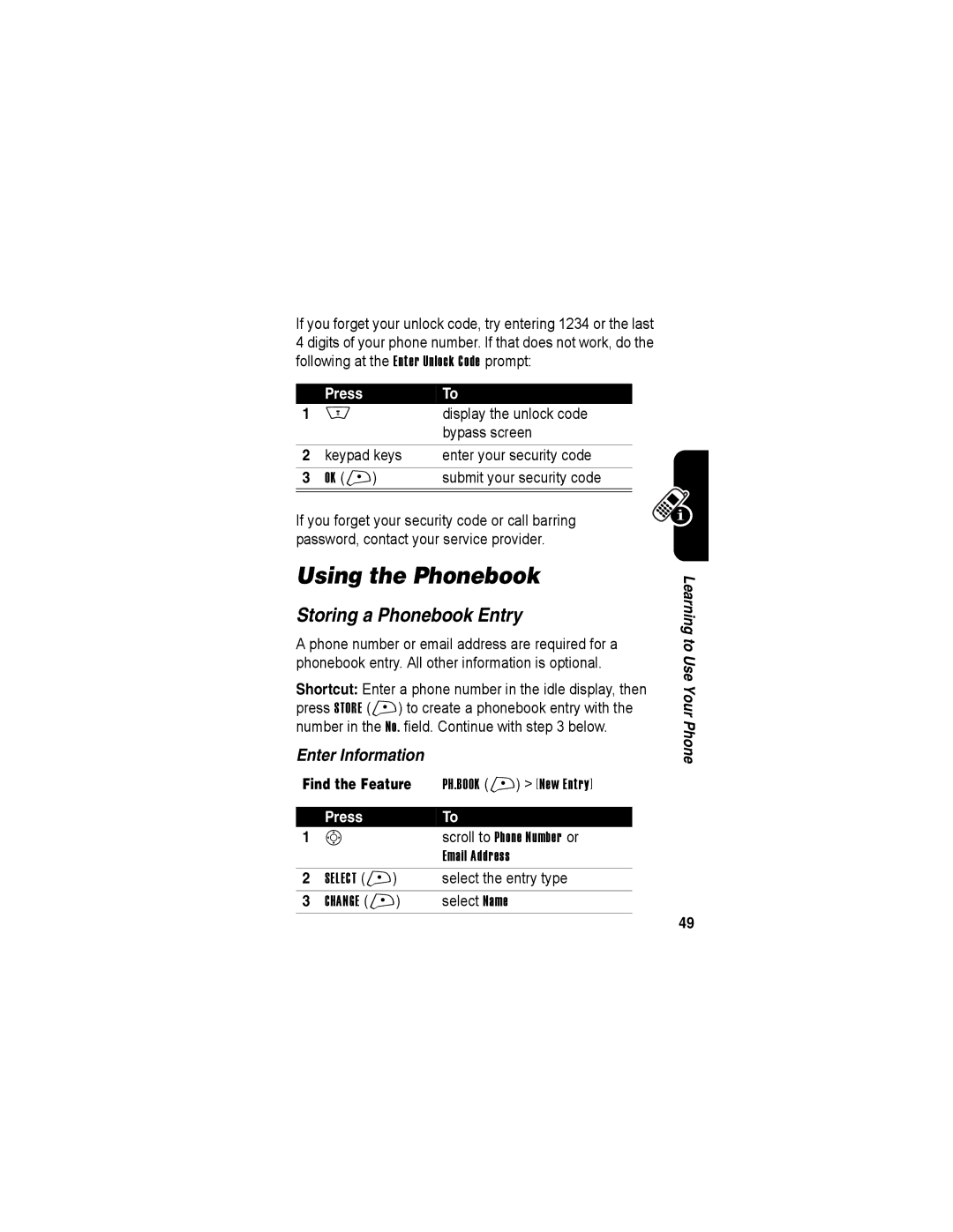 Motorola A840 manual Using the Phonebook, Storing a Phonebook Entry, Enter Information 