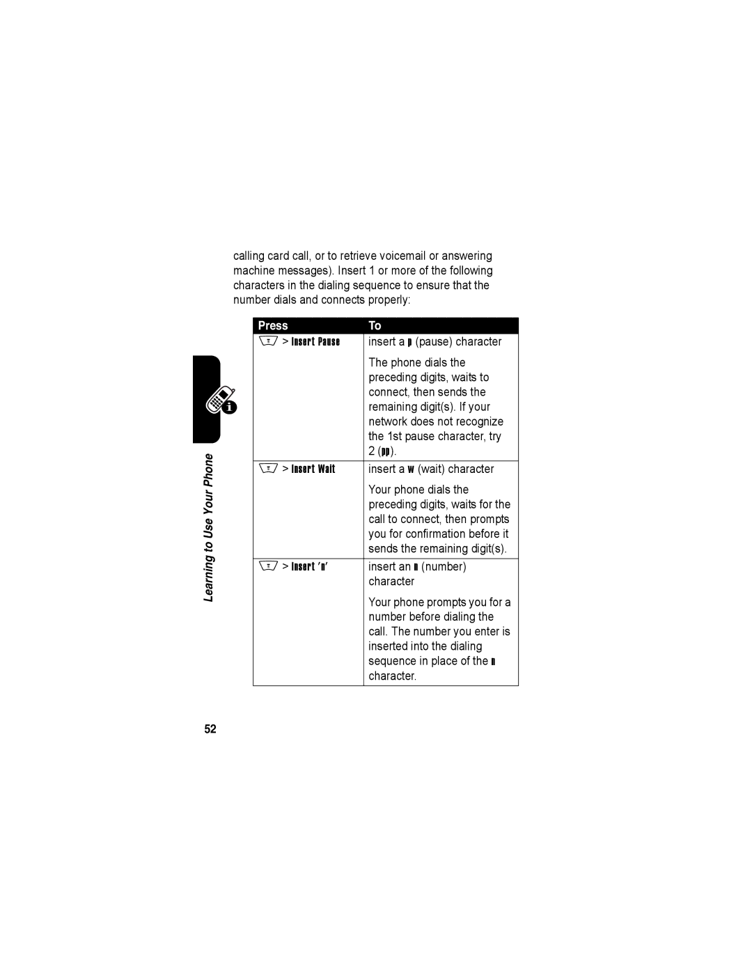 Motorola A840 manual Insert Pause, Insert Wait, Insert n 