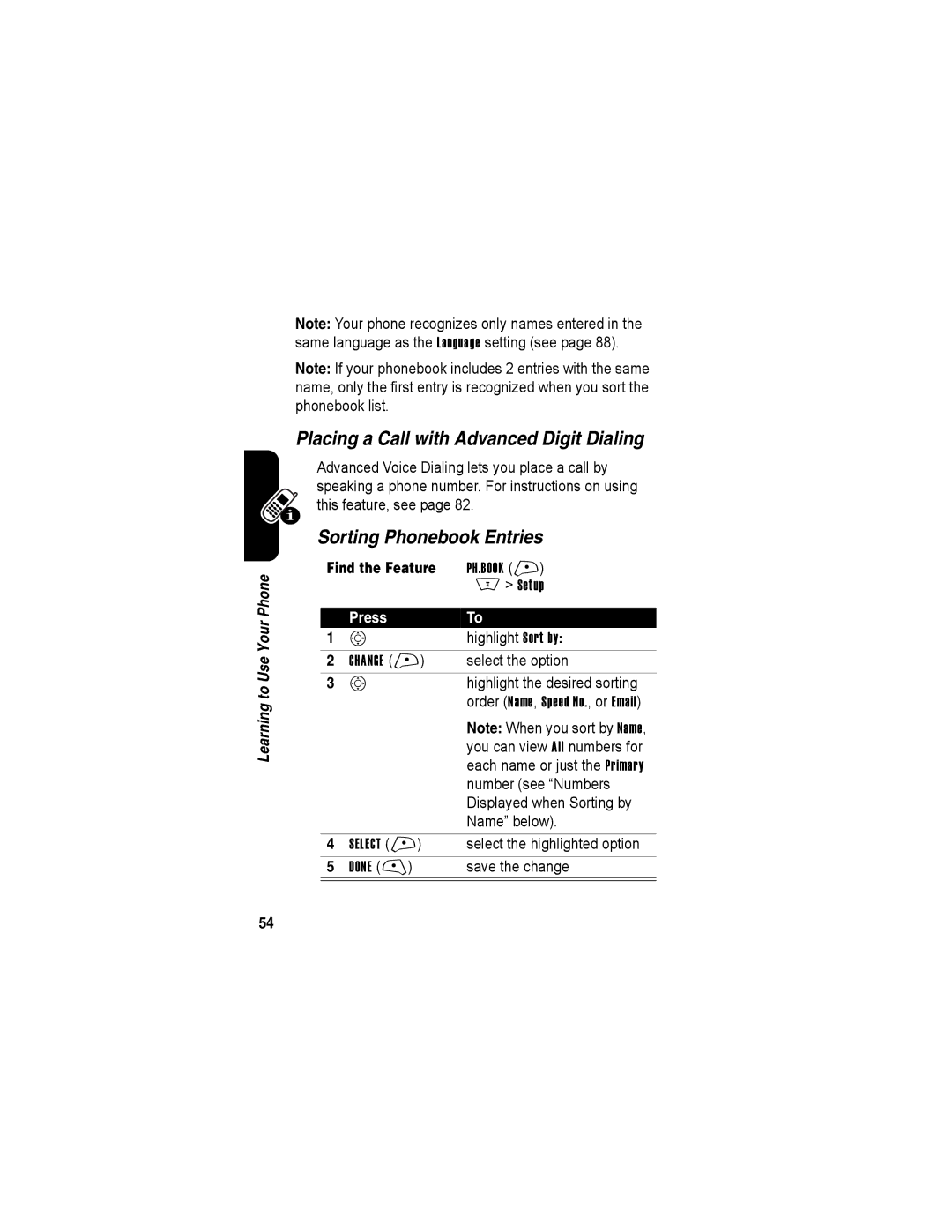 Motorola A840 manual Placing a Call with Advanced Digit Dialing, Sorting Phonebook Entries, Ph.Book +, Setup 