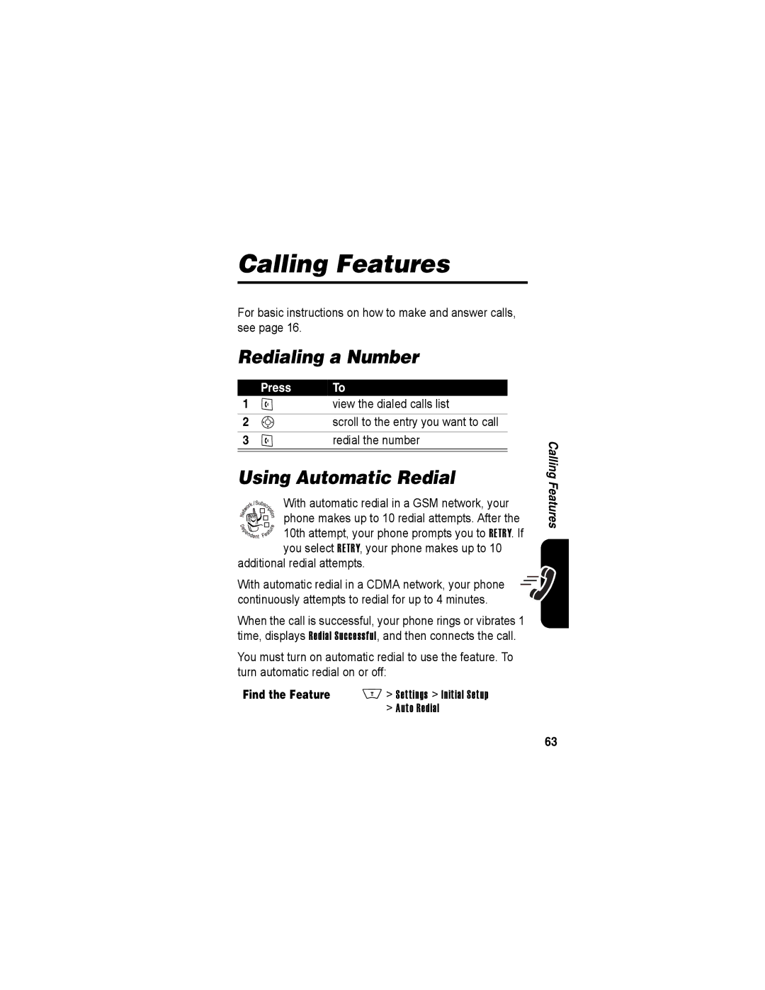 Motorola A840 manual Calling Features, Redialing a Number, Using Automatic Redial 