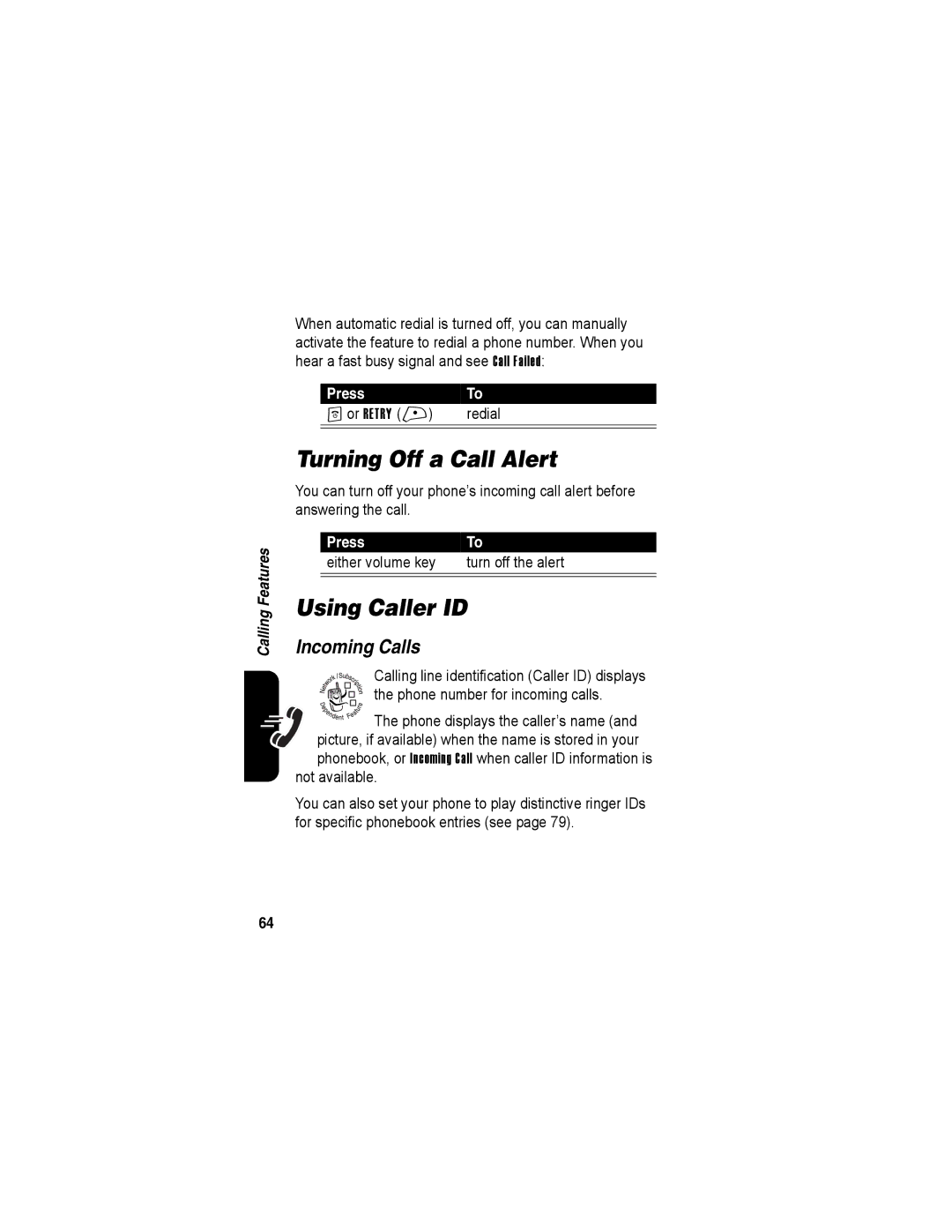 Motorola A840 manual Turning Off a Call Alert, Using Caller ID, Incoming Calls 