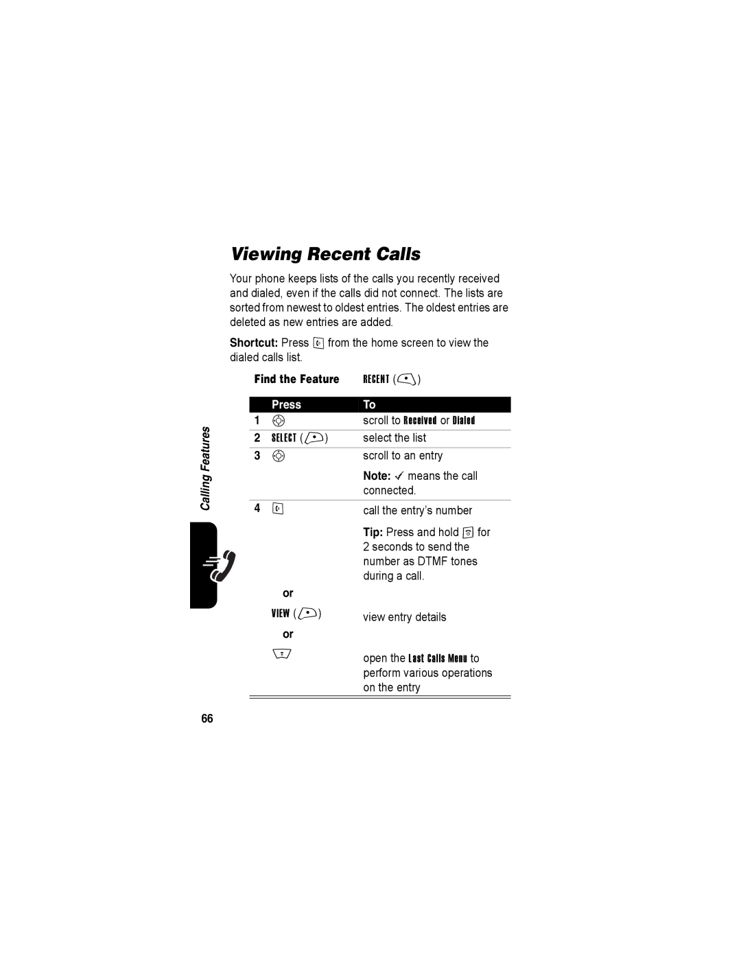 Motorola A840 manual Viewing Recent Calls, Scroll to Received or Dialed, Open the Last Calls Menu to 