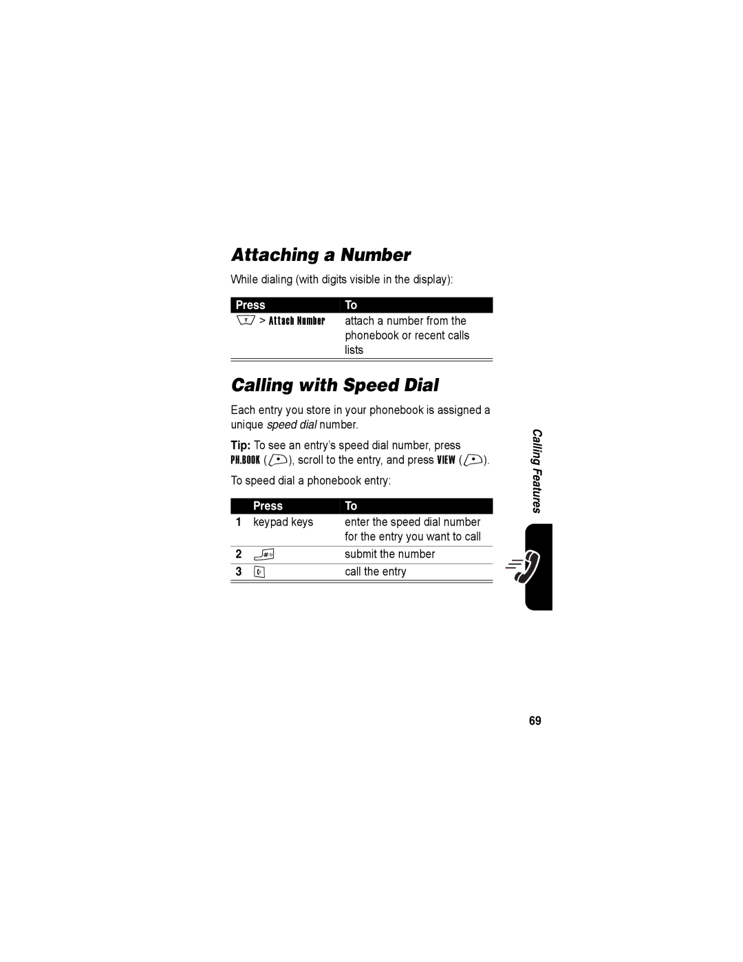 Motorola A840 manual Attaching a Number, Calling with Speed Dial 