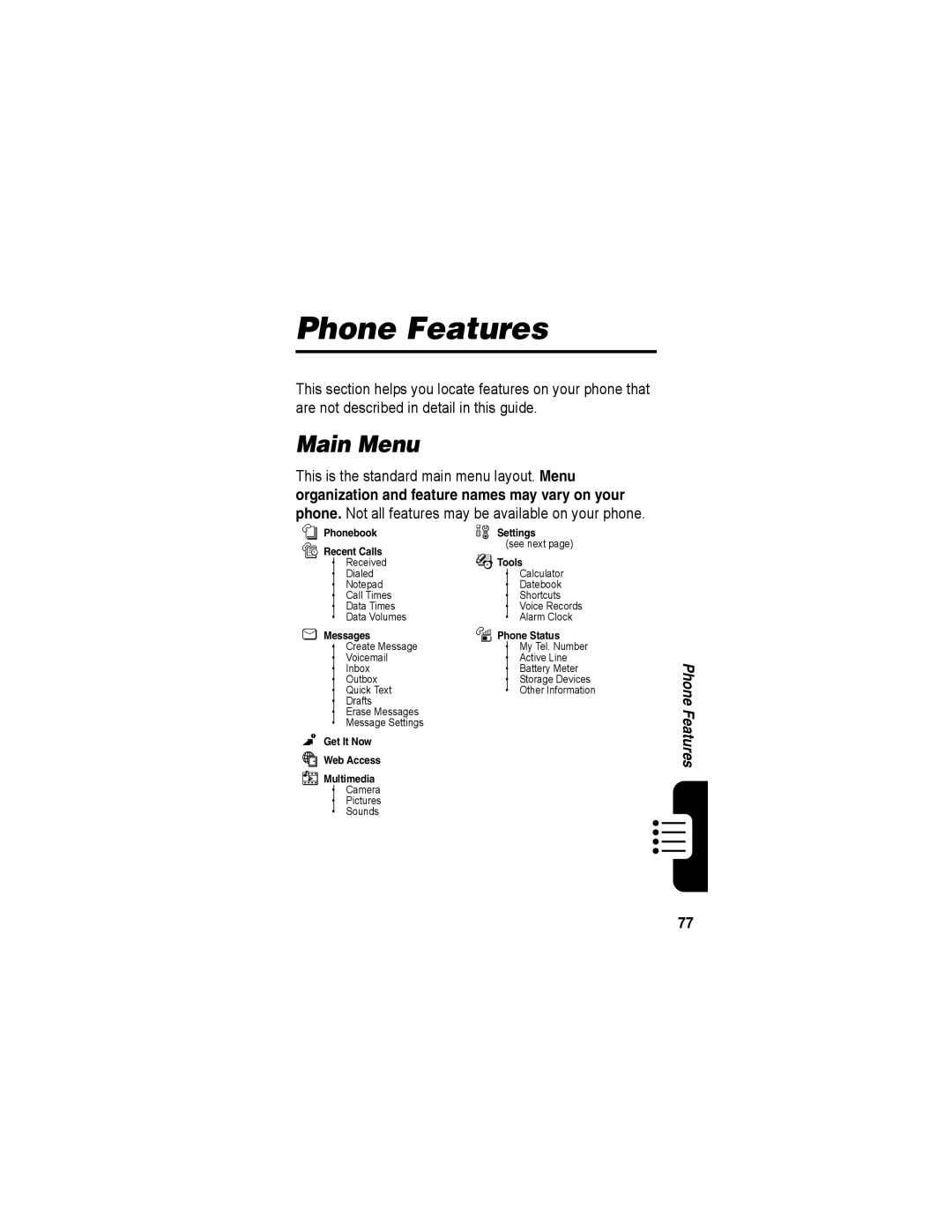 Motorola A840 manual Phone Features, Main Menu, Phone. Not all features may be available on your phone 