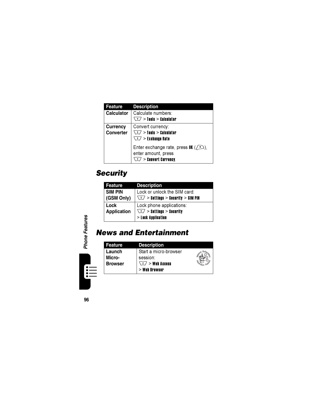 Motorola A840 manual Security, News and Entertainment 