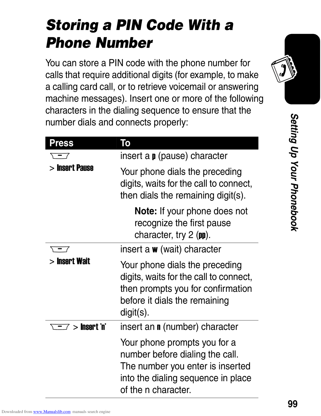 Motorola A845 3G manual Storing a PIN Code With a Phone Number 