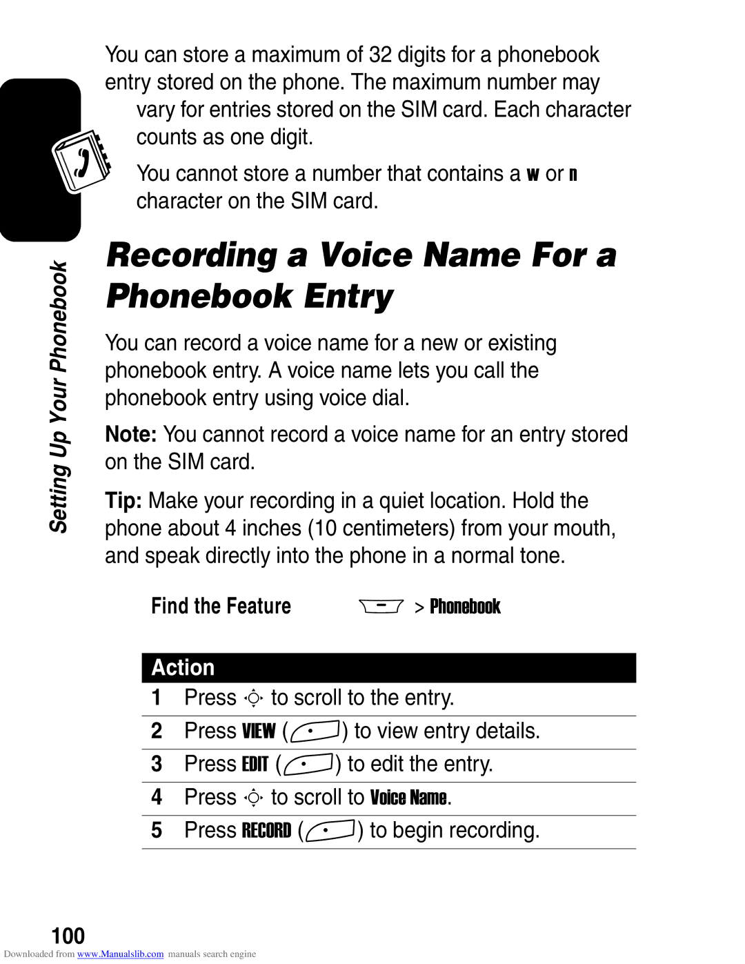 Motorola A845 3G manual Recording a Voice Name For a Phonebook Entry, 100 