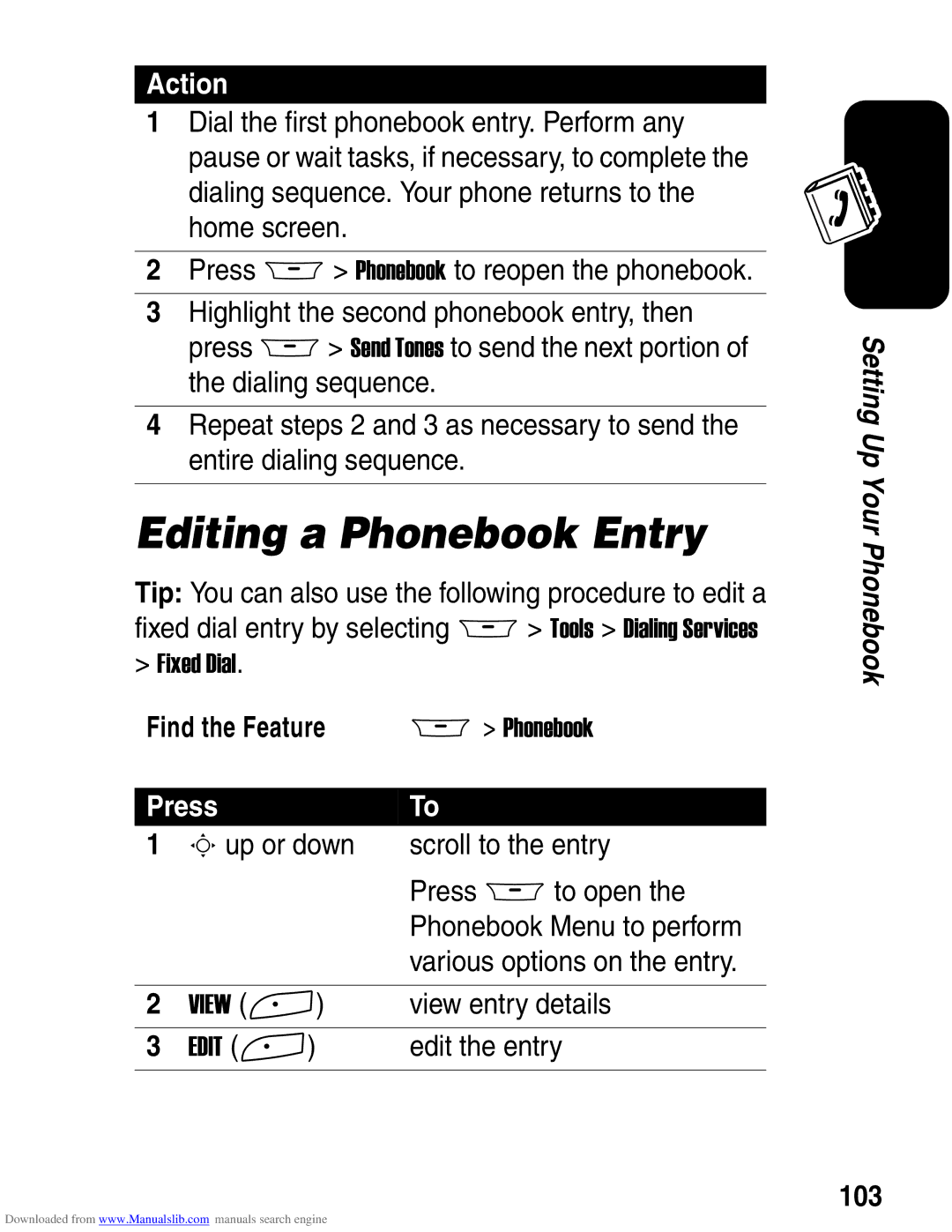 Motorola A845 3G manual Editing a Phonebook Entry, Sup or down Scroll to the entry Press Mto open, View entry details, 103 