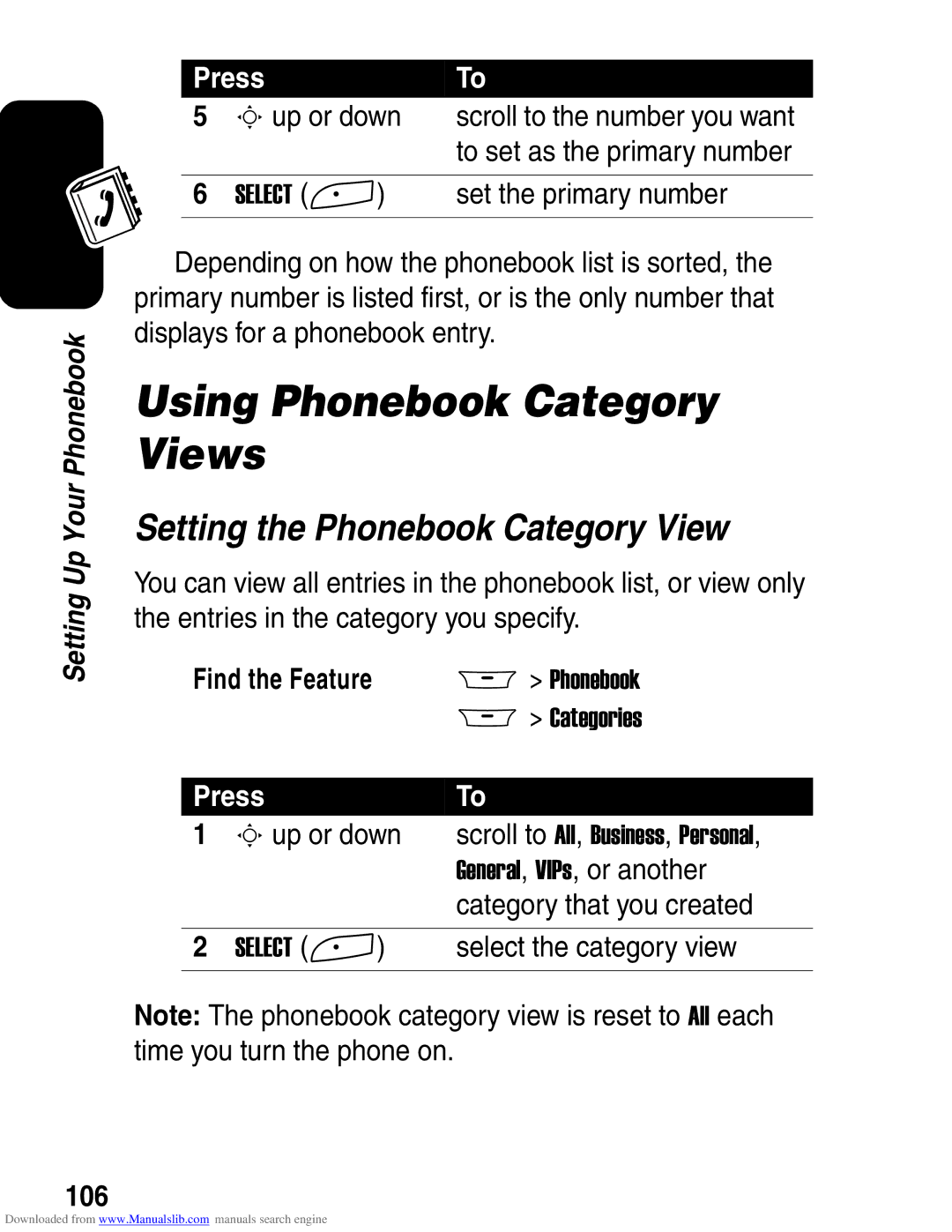 Motorola A845 3G manual Using Phonebook Category Views, Setting the Phonebook Category View, 106 