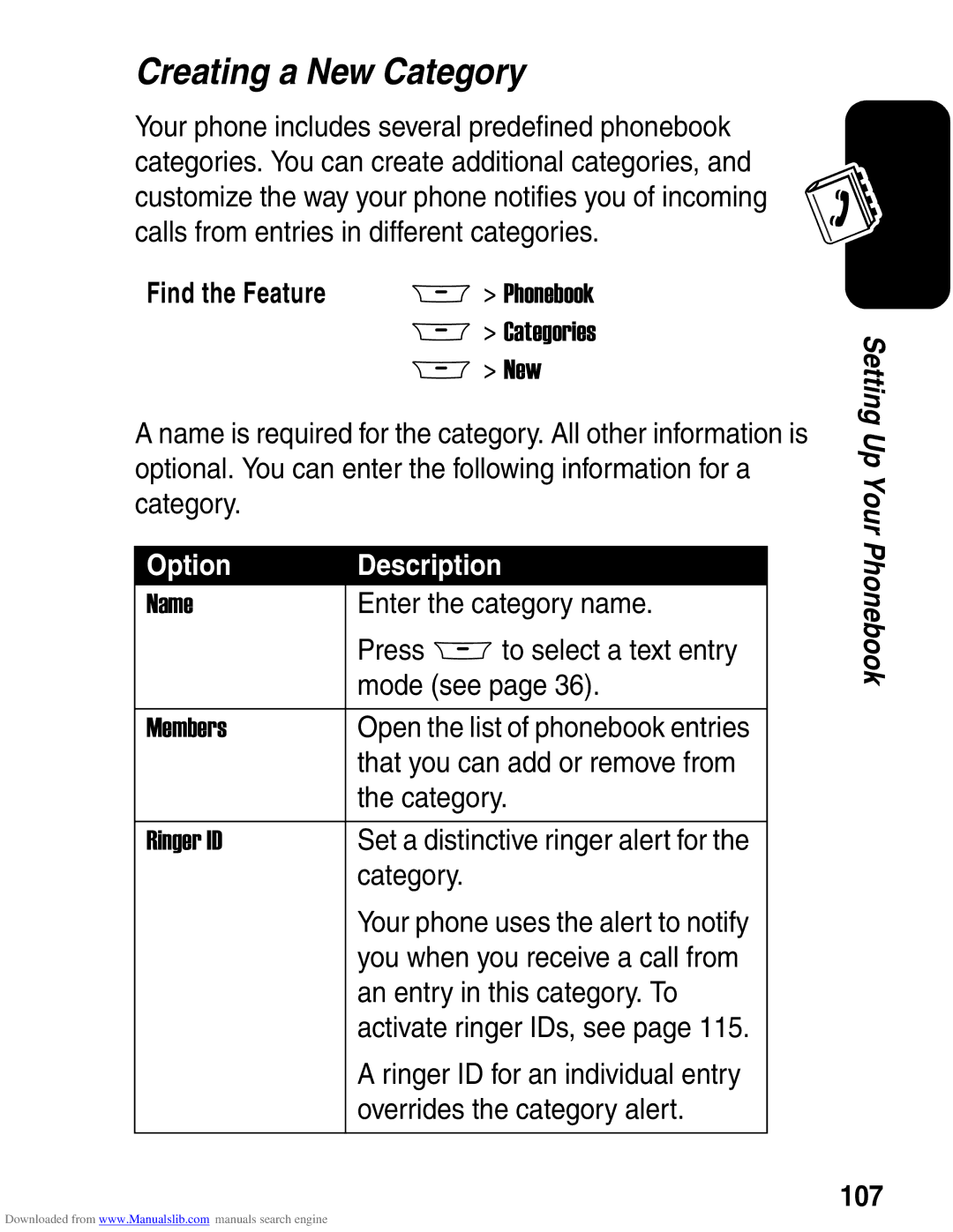 Motorola A845 3G manual Creating a New Category, 107 