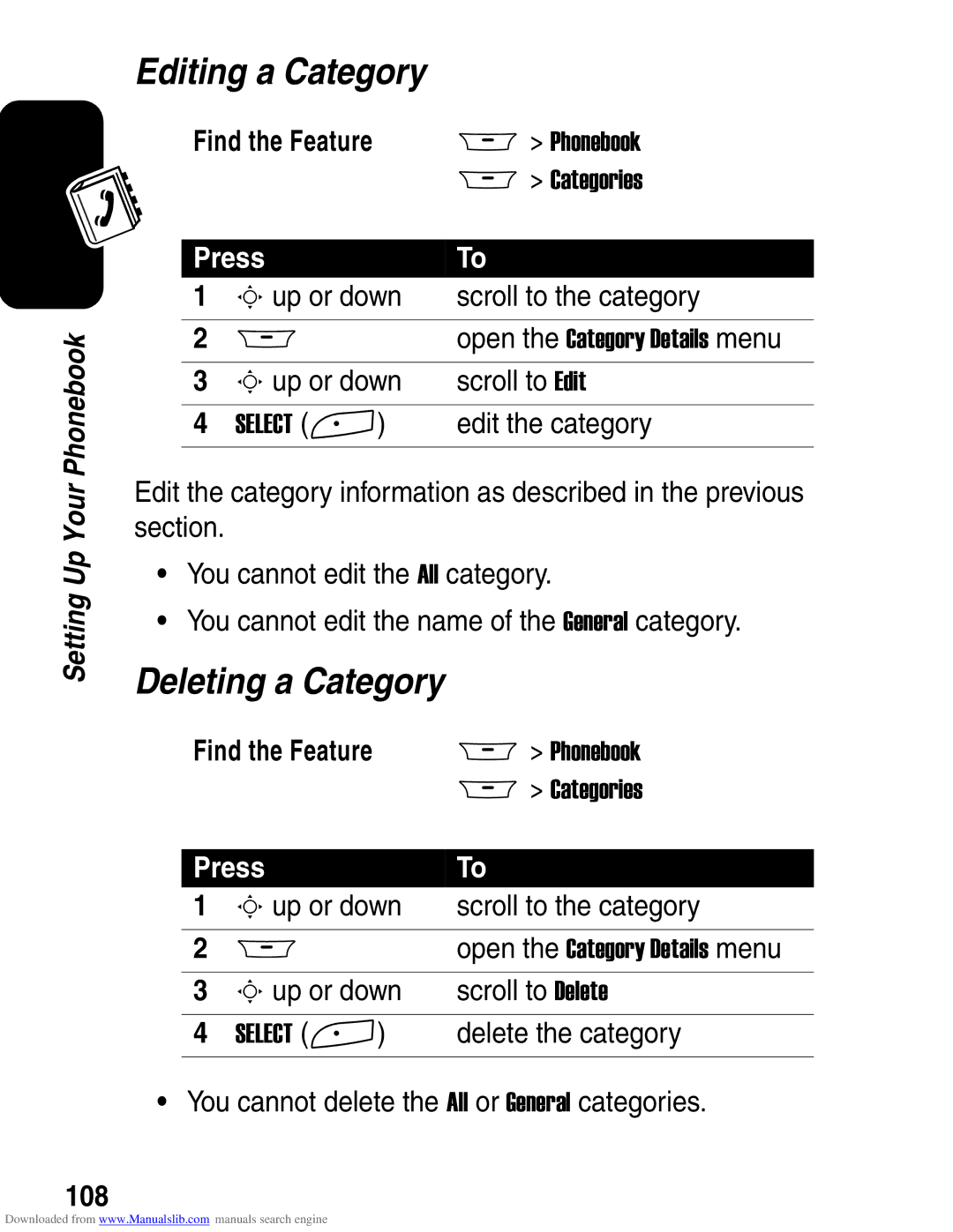 Motorola A845 3G manual Editing a Category, Deleting a Category, 108 