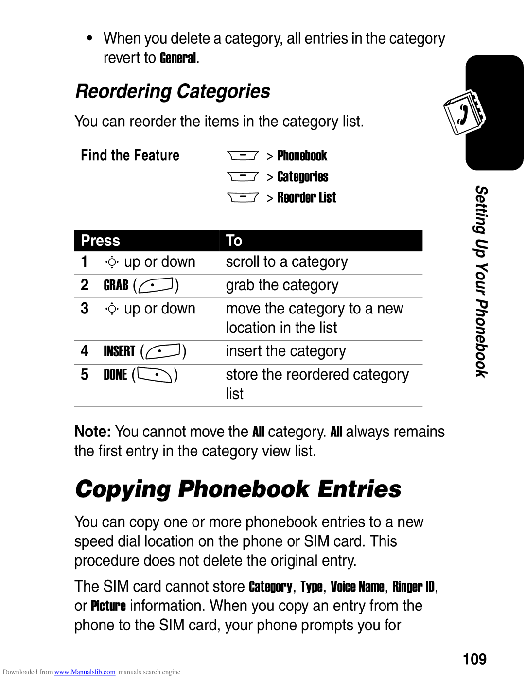 Motorola A845 3G manual Copying Phonebook Entries, Reordering Categories, 109 