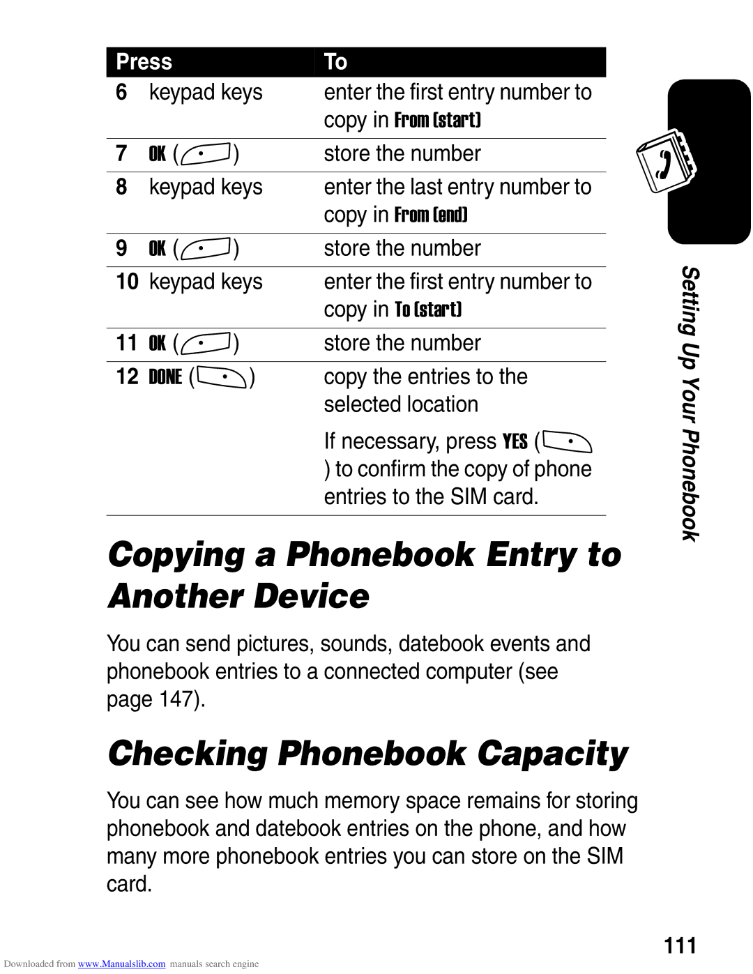 Motorola A845 3G manual Copying a Phonebook Entry to Another Device, Checking Phonebook Capacity, Copy the entries to, 111 