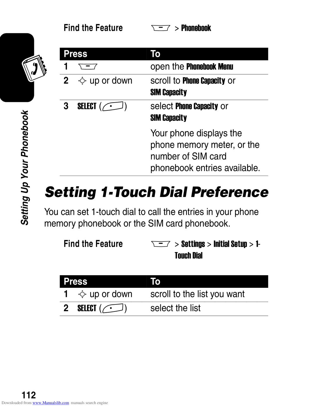 Motorola A845 3G manual Setting 1-Touch Dial Preference, 112, Sup or down Scroll to the list you want 