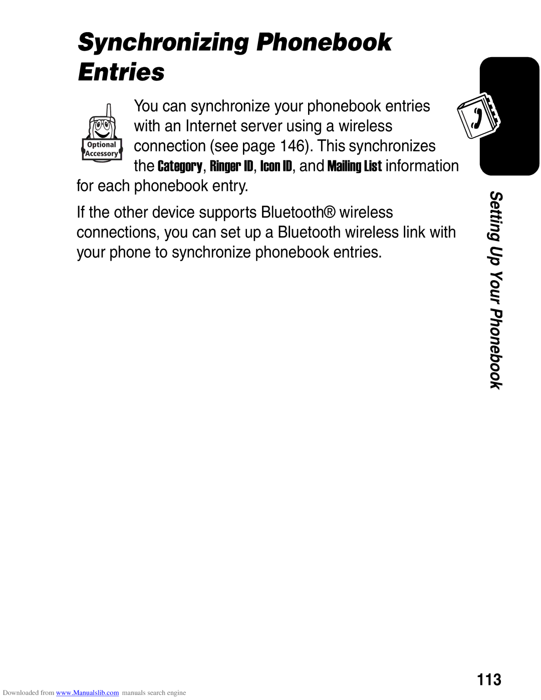 Motorola A845 3G manual Synchronizing Phonebook Entries, For each phonebook entry, 113 