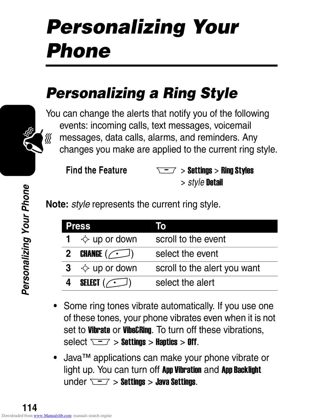 Motorola A845 3G manual Personalizing Your Phone, Personalizing a Ring Style, 114 