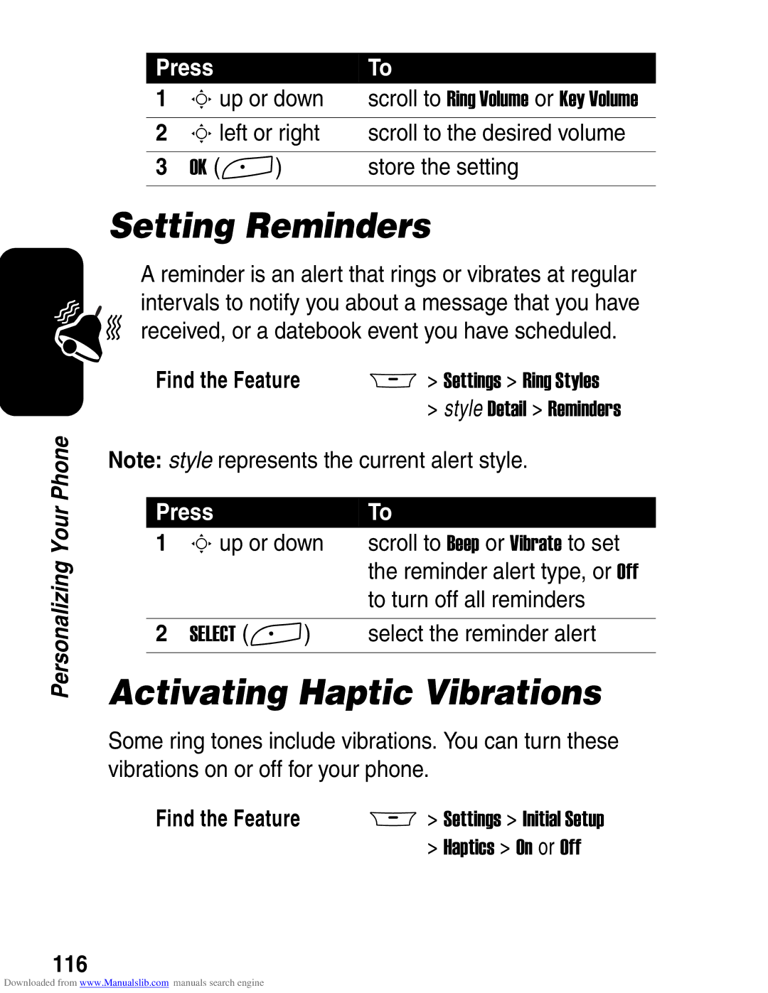 Motorola A845 3G manual Setting Reminders, Activating Haptic Vibrations, 116 