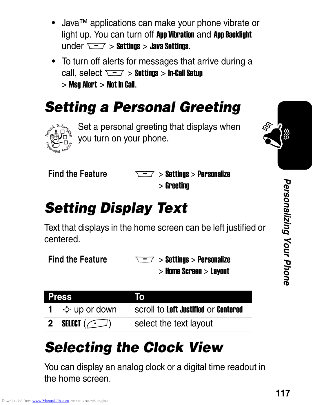 Motorola A845 3G Setting a Personal Greeting, Setting Display Text, Selecting the Clock View, Select the text layout, 117 