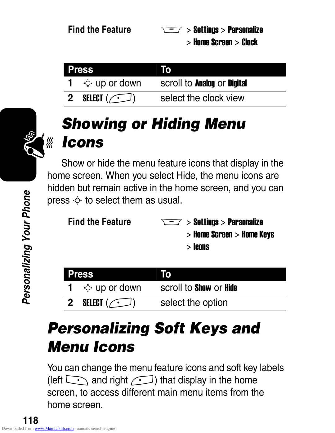 Motorola A845 3G manual Showing or Hiding Menu Icons, Personalizing Soft Keys and Menu Icons, Select the clock view, 118 