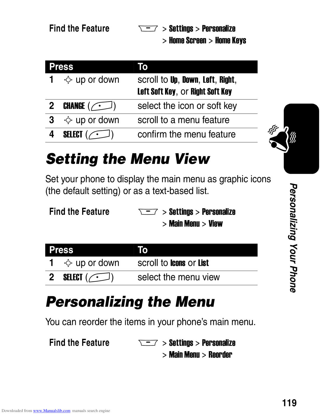 Motorola A845 3G manual Setting the Menu View, Personalizing the Menu, 119 