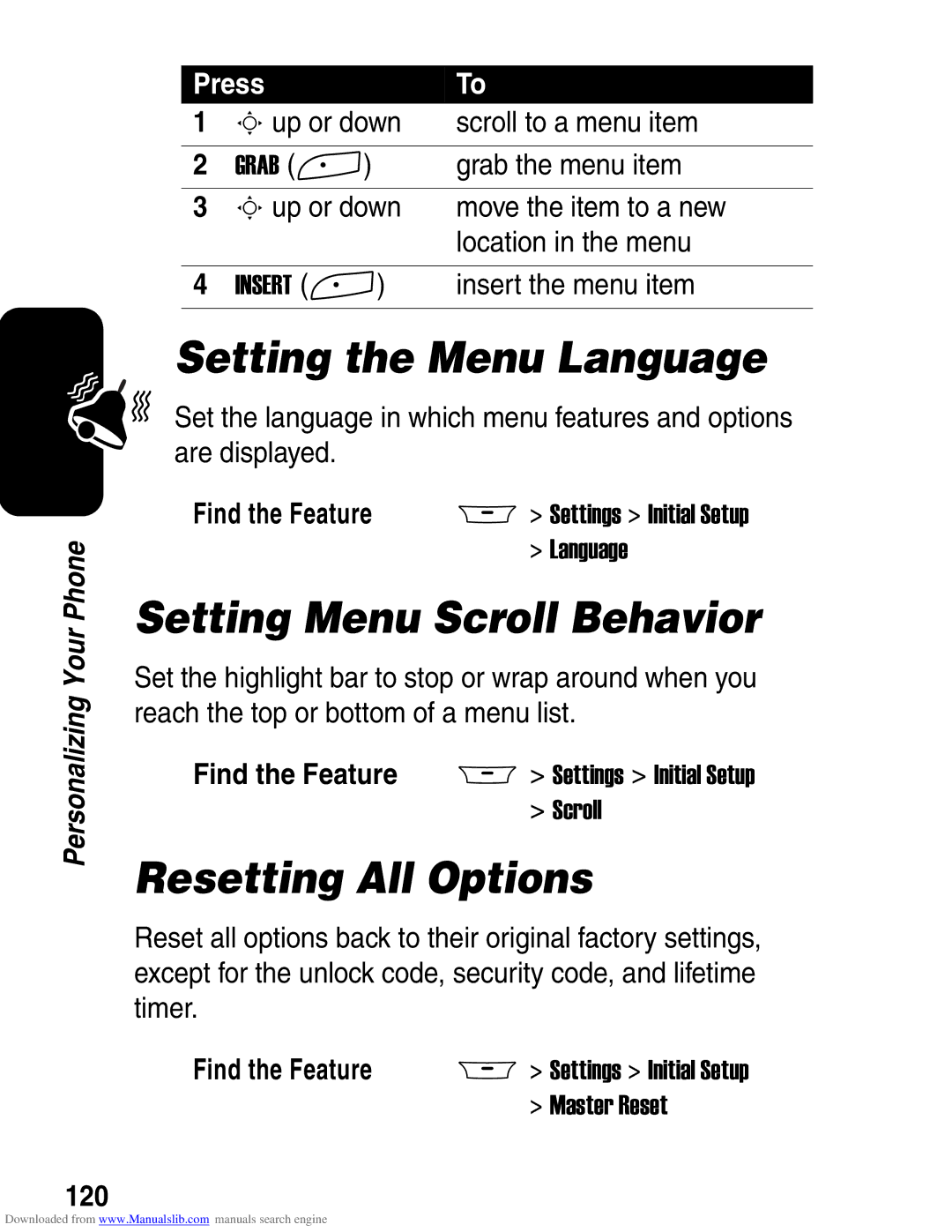 Motorola A845 3G manual Setting the Menu Language, Setting Menu Scroll Behavior, Resetting All Options, 120 