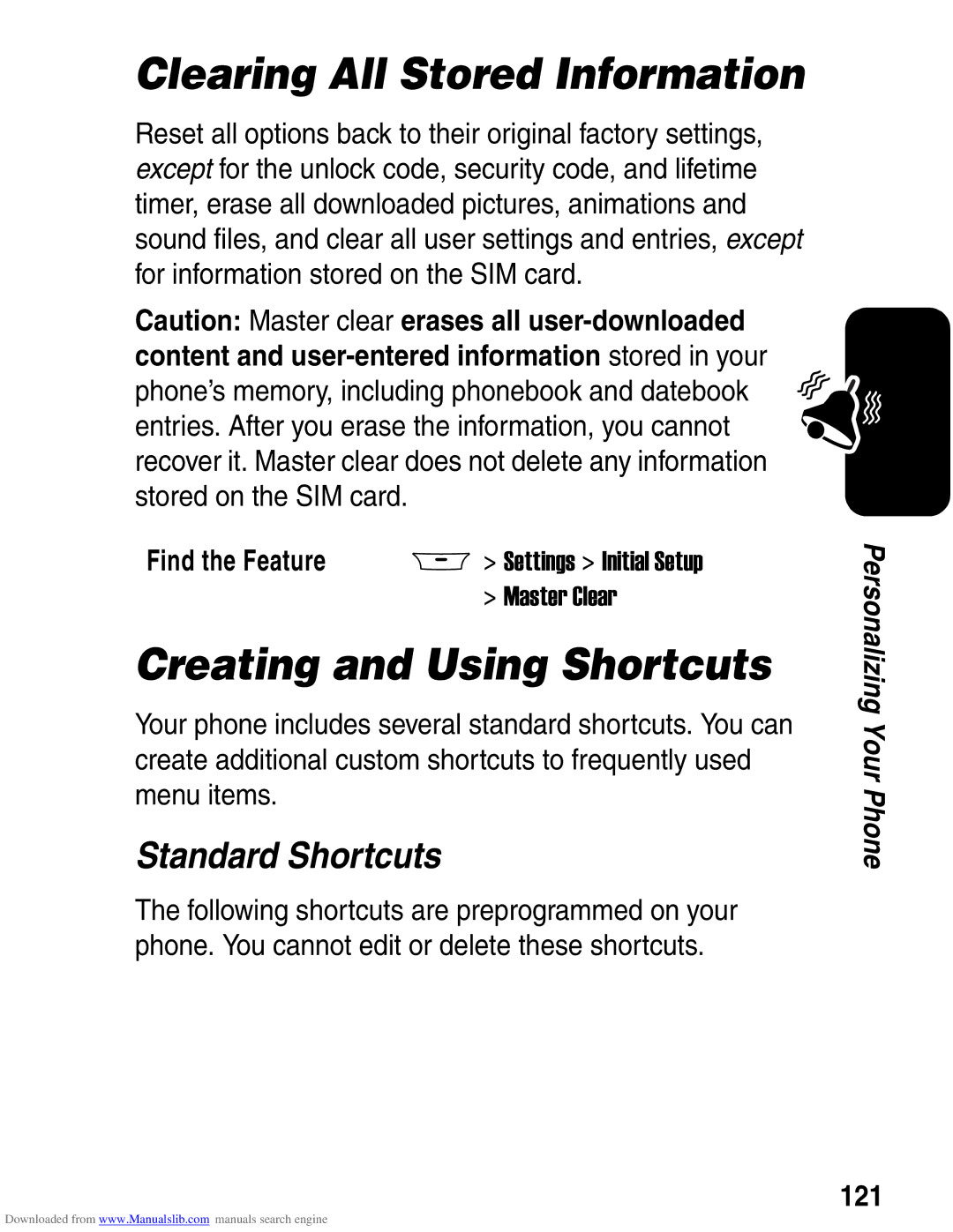 Motorola A845 3G manual Clearing All Stored Information, Creating and Using Shortcuts, Standard Shortcuts, 121 