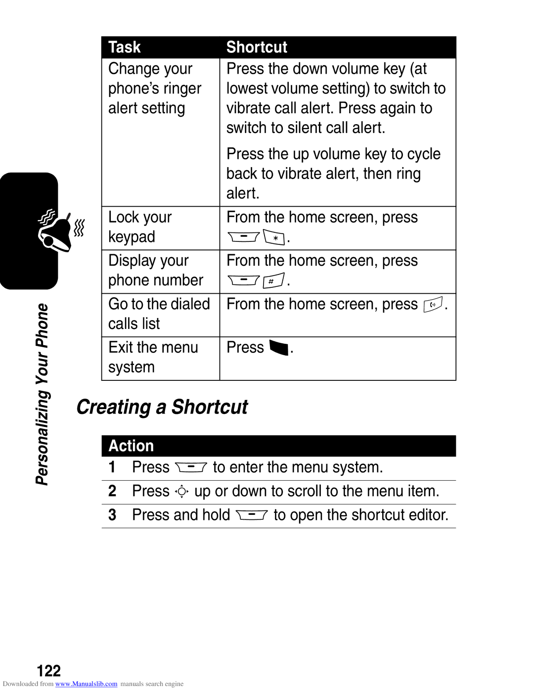 Motorola A845 3G manual Creating a Shortcut, 122, Task Shortcut 