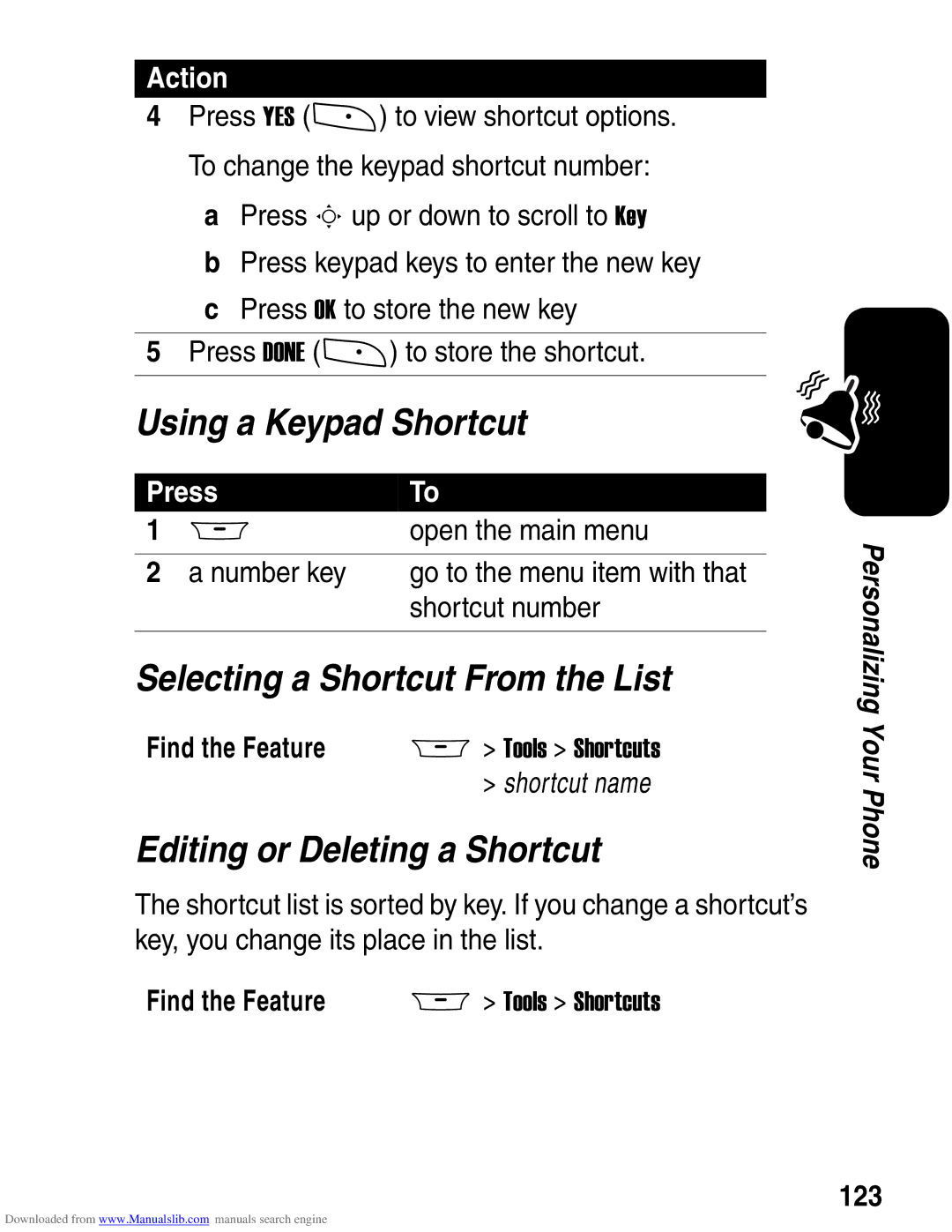 Motorola A845 3G manual Using a Keypad Shortcut, Selecting a Shortcut From the List, Editing or Deleting a Shortcut, 123 