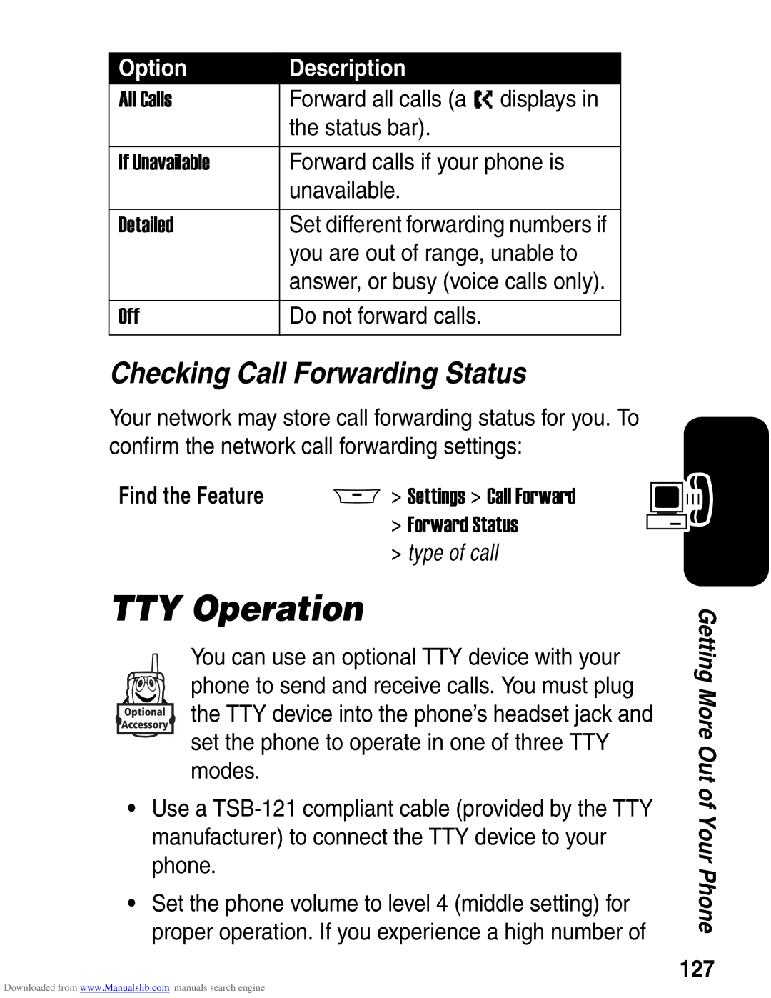 Motorola A845 3G manual TTY Operation, Checking Call Forwarding Status, 127 