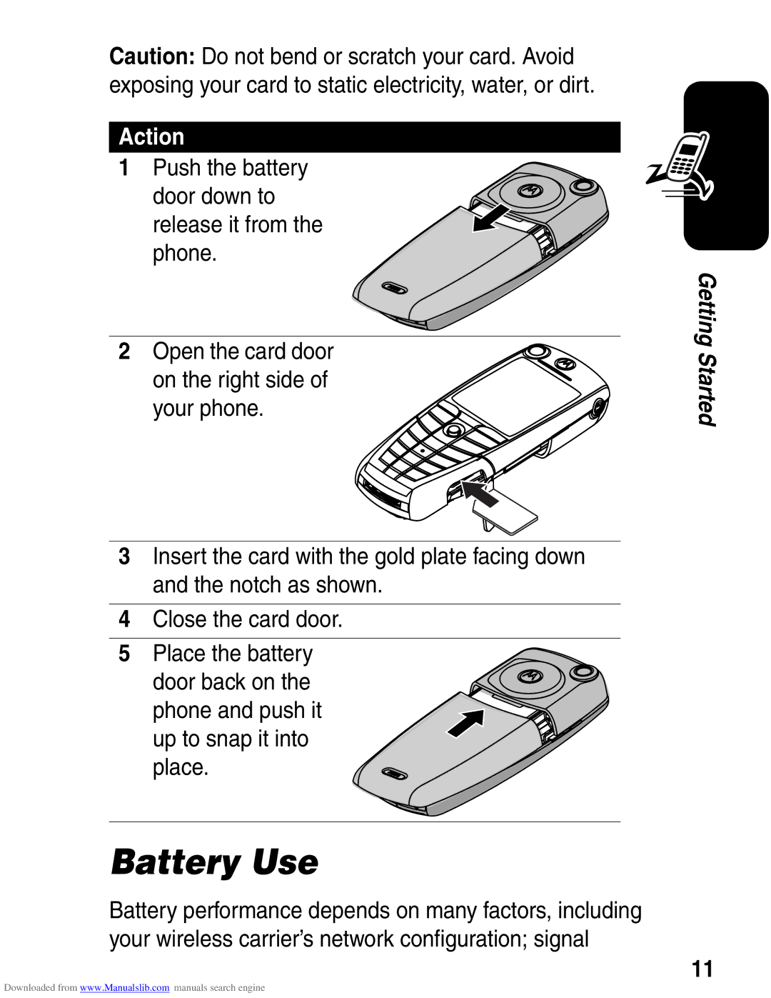 Motorola A845 3G manual Battery Use, Action, Push the battery Door down to release it from the phone 