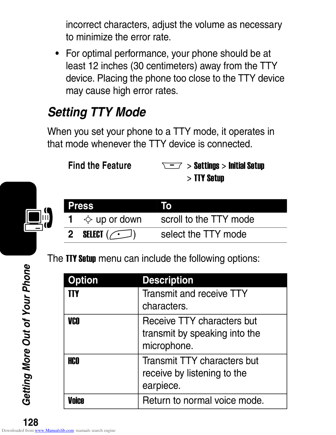 Motorola A845 3G manual Setting TTY Mode, 128 