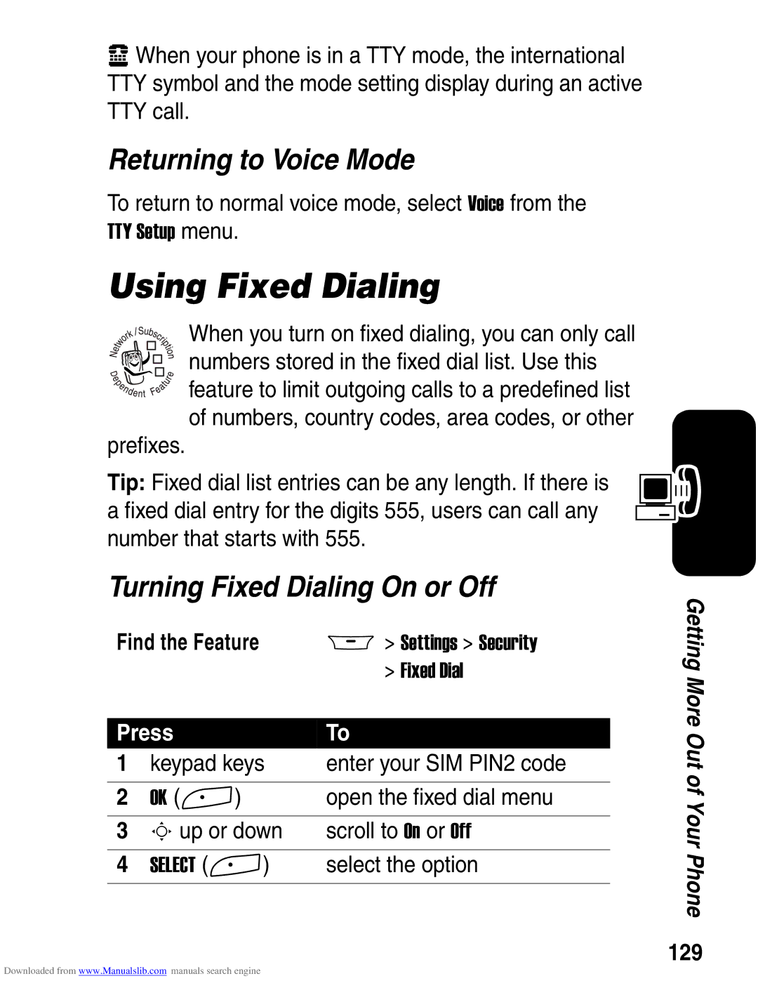 Motorola A845 3G manual Using Fixed Dialing, Returning to Voice Mode, Turning Fixed Dialing On or Off, 129 