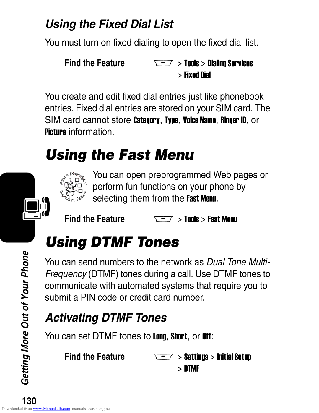 Motorola A845 3G manual Using the Fast Menu, Using Dtmf Tones, Using the Fixed Dial List, Activating Dtmf Tones, 130 