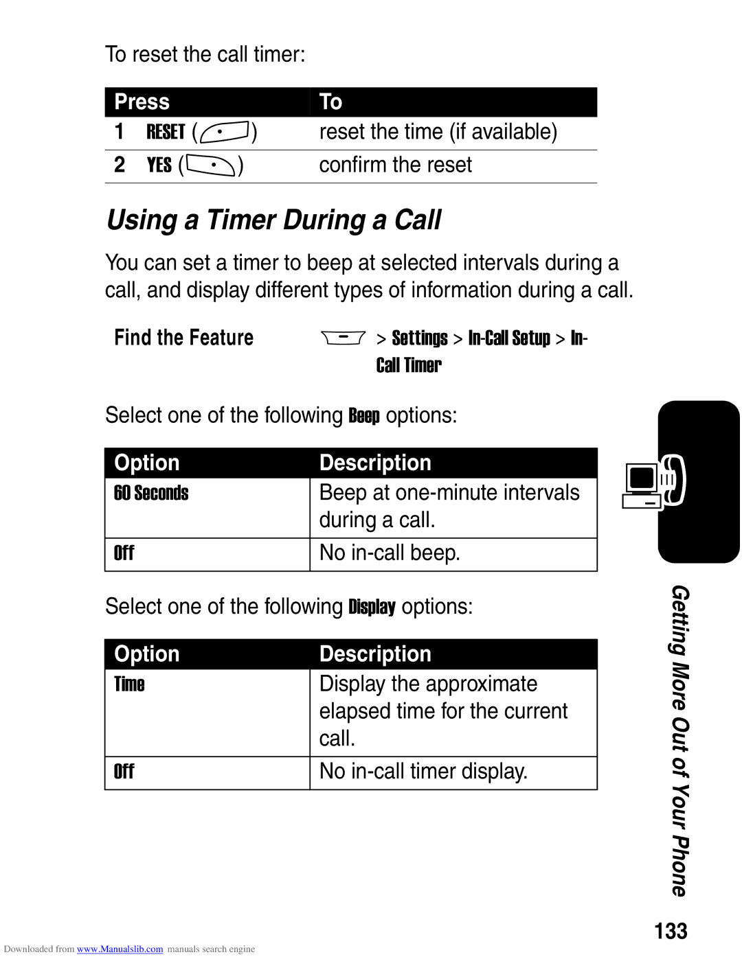 Motorola A845 3G manual Using a Timer During a Call, 133 