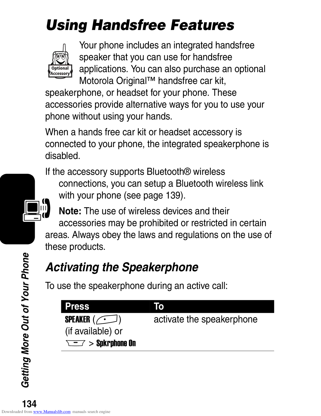 Motorola A845 3G manual Using Handsfree Features, Activating the Speakerphone, 134 