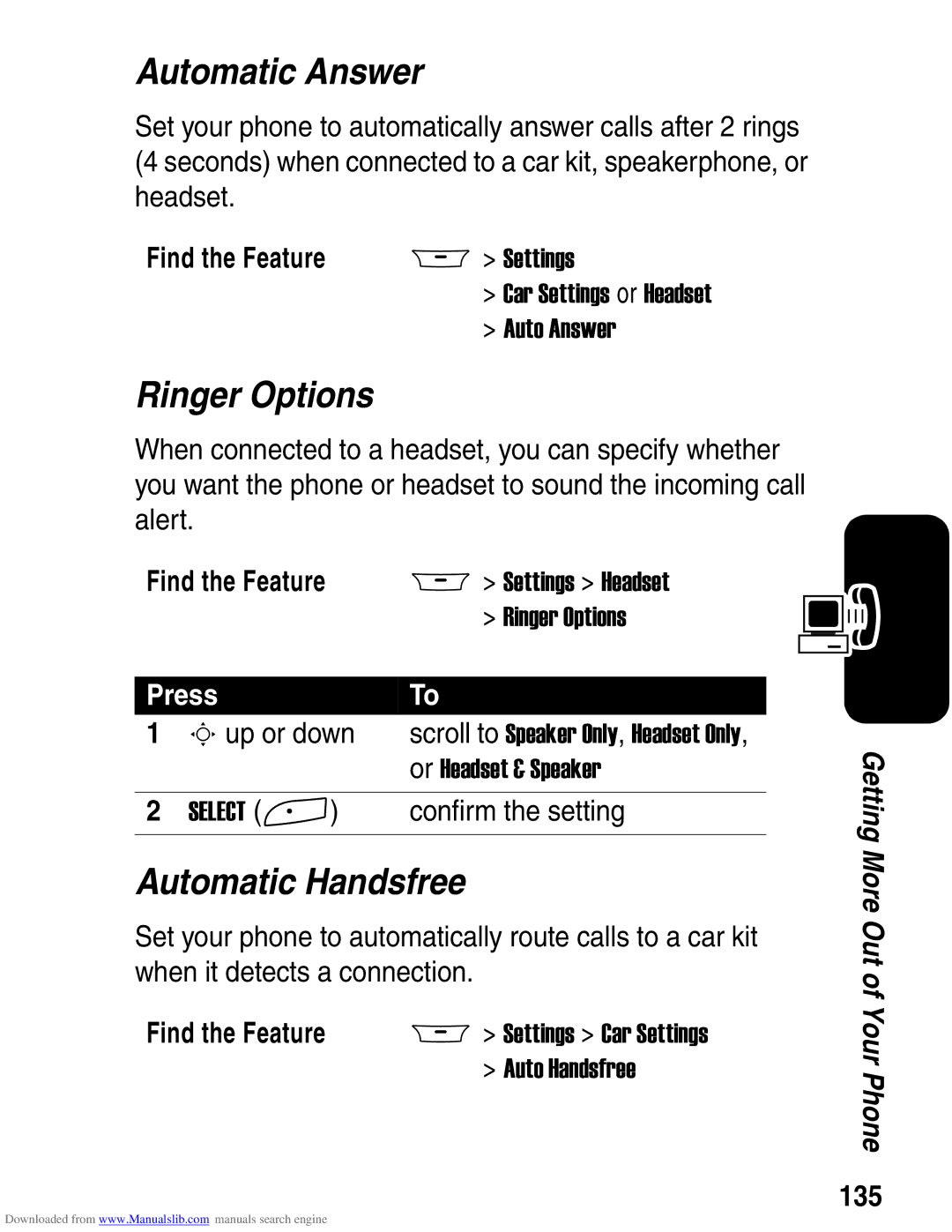 Motorola A845 3G manual Automatic Answer, Ringer Options, Automatic Handsfree, Confirm the setting, 135 