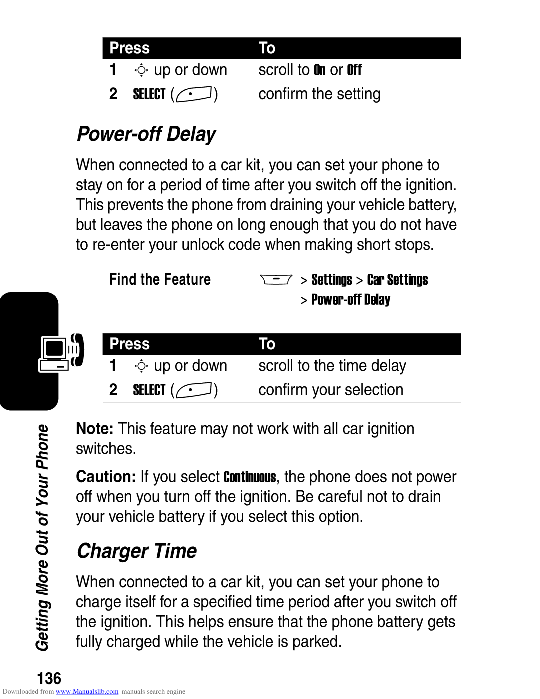 Motorola A845 3G manual Power-off Delay, Charger Time, 136, Sup or down Scroll to the time delay, Confirm your selection 