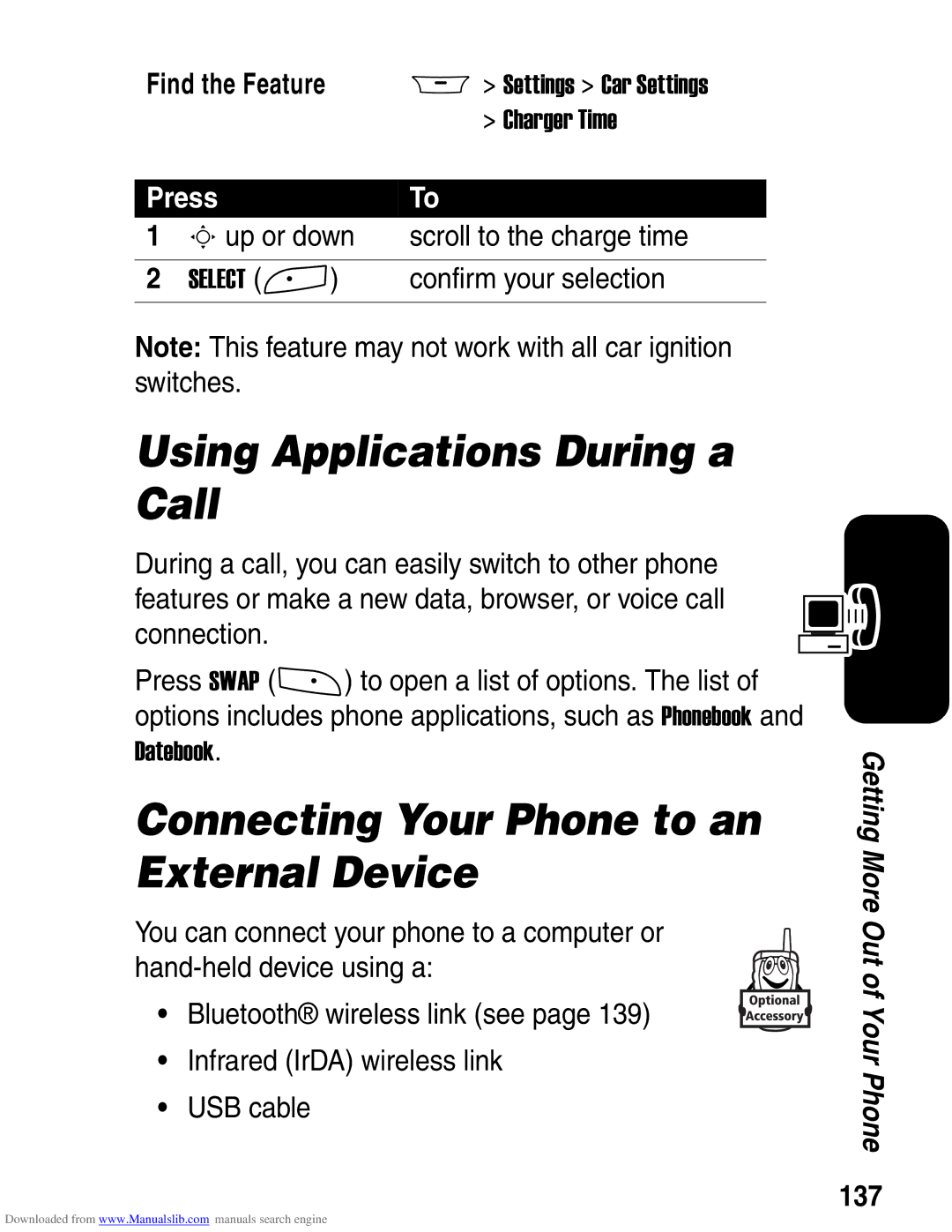 Motorola A845 3G manual Using Applications During a Call, Connecting Your Phone to an External Device, 137 