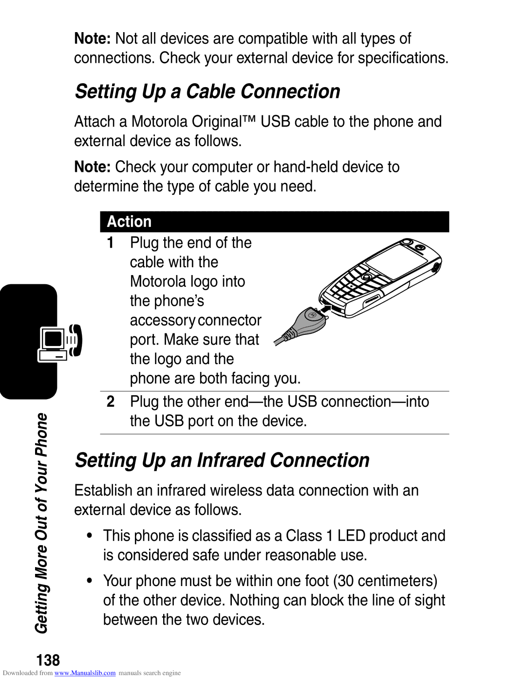 Motorola A845 3G manual Setting Up a Cable Connection, Setting Up an Infrared Connection, 138 