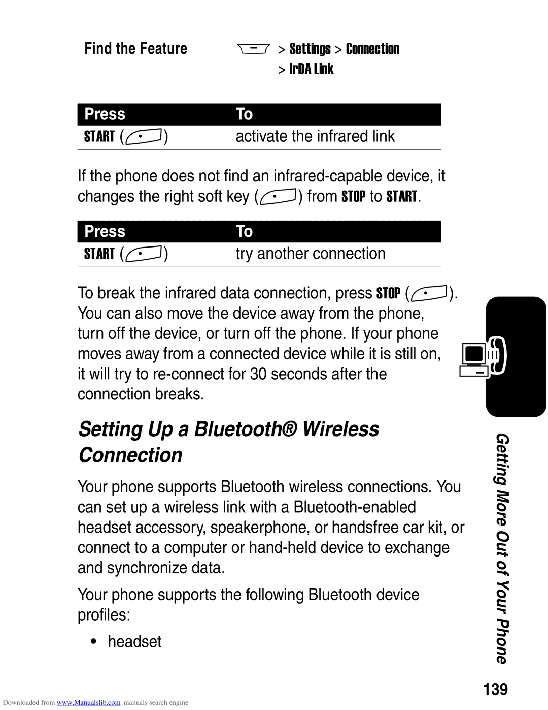 Motorola A845 3G manual Setting Up a Bluetooth Wireless Connection, Activate the infrared link, Try another connection, 139 