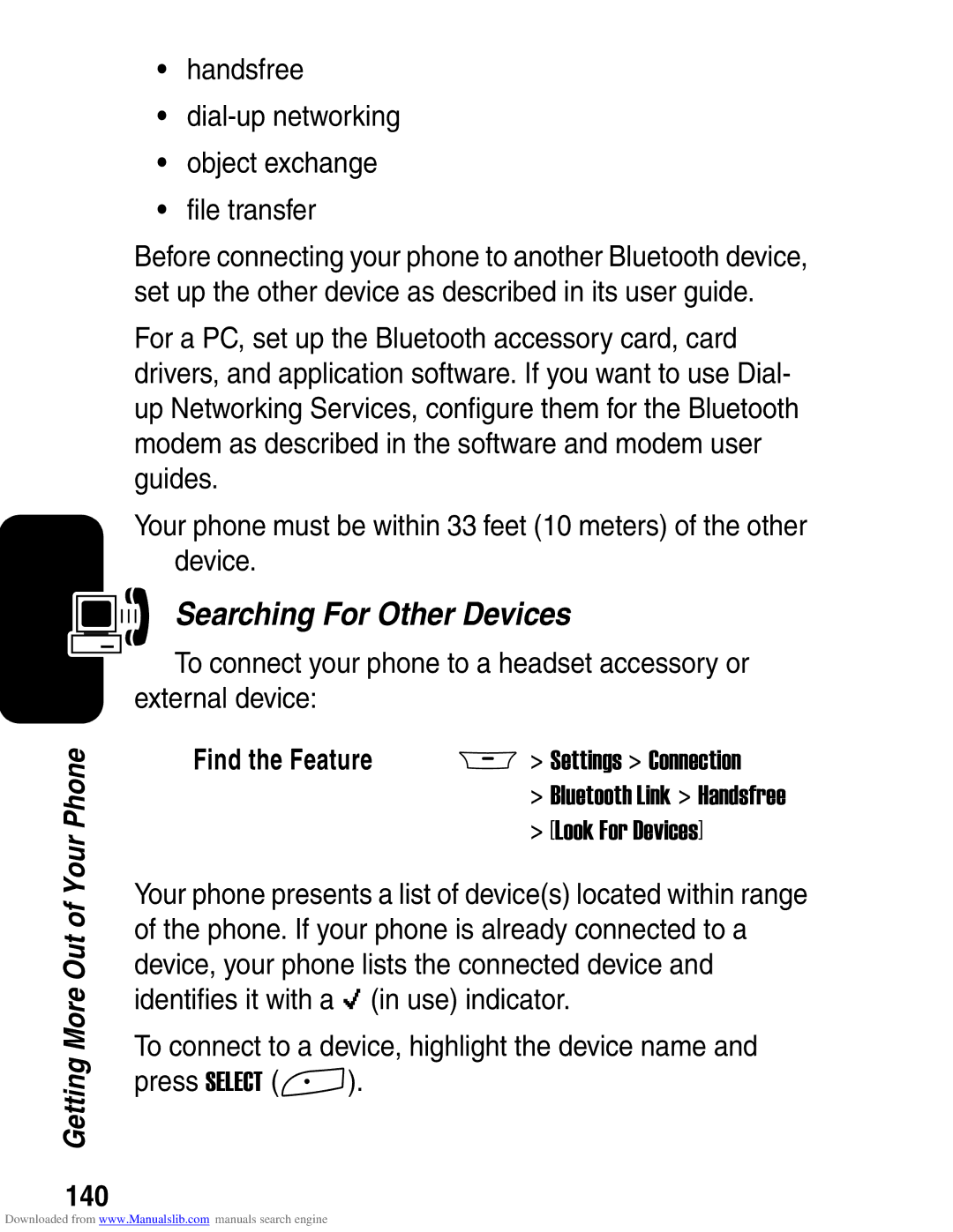 Motorola A845 3G manual Searching For Other Devices, 140, Handsfree Dial-up networking Object exchange File transfer 