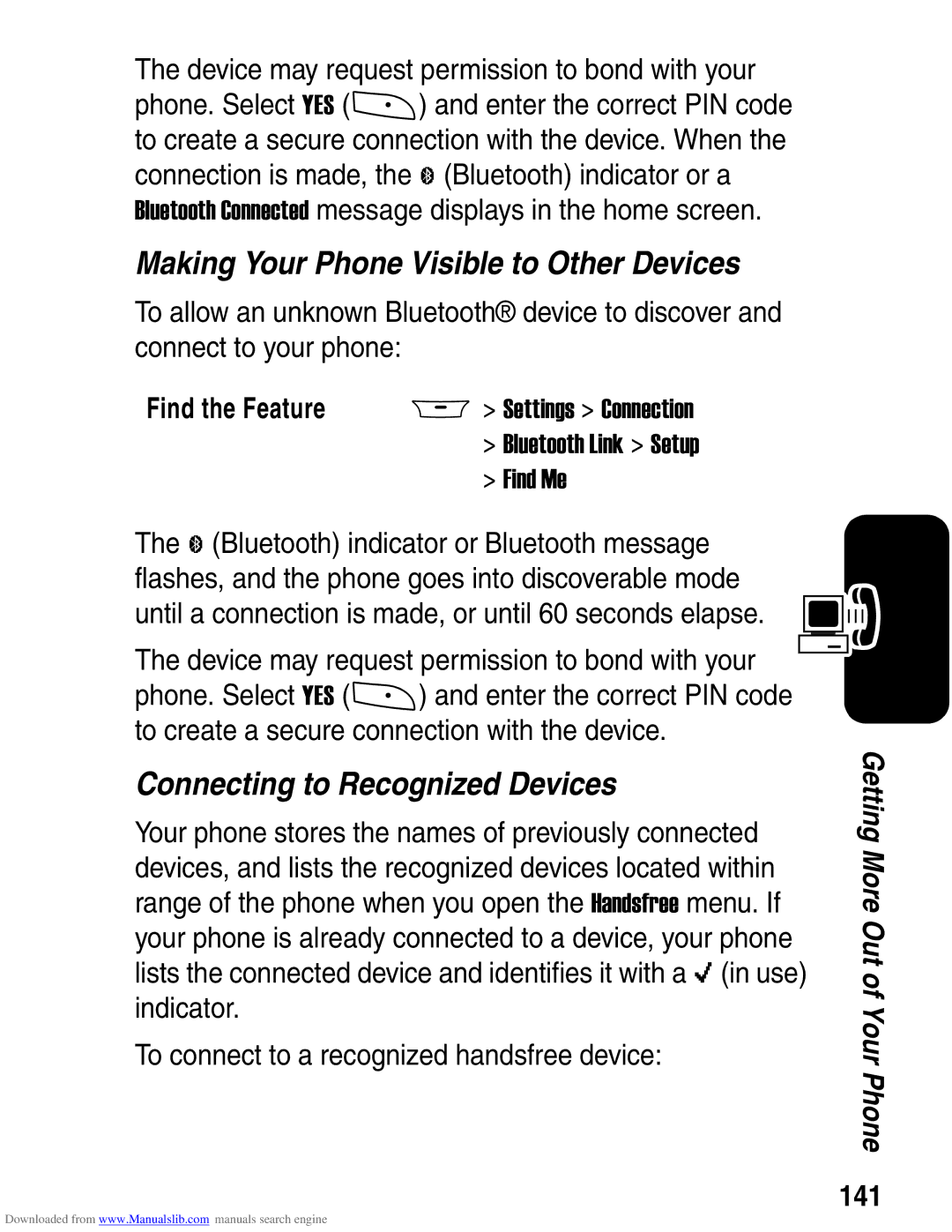 Motorola A845 3G manual Making Your Phone Visible to Other Devices, Connecting to Recognized Devices, 141 