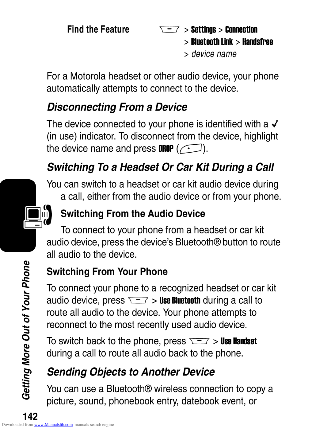 Motorola A845 3G manual Disconnecting From a Device, Switching To a Headset Or Car Kit During a Call 