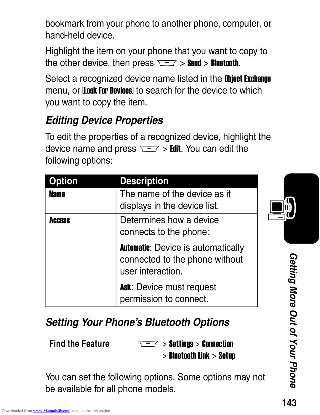 Motorola A845 3G manual Editing Device Properties, Setting Your Phone’s Bluetooth Options, 143 