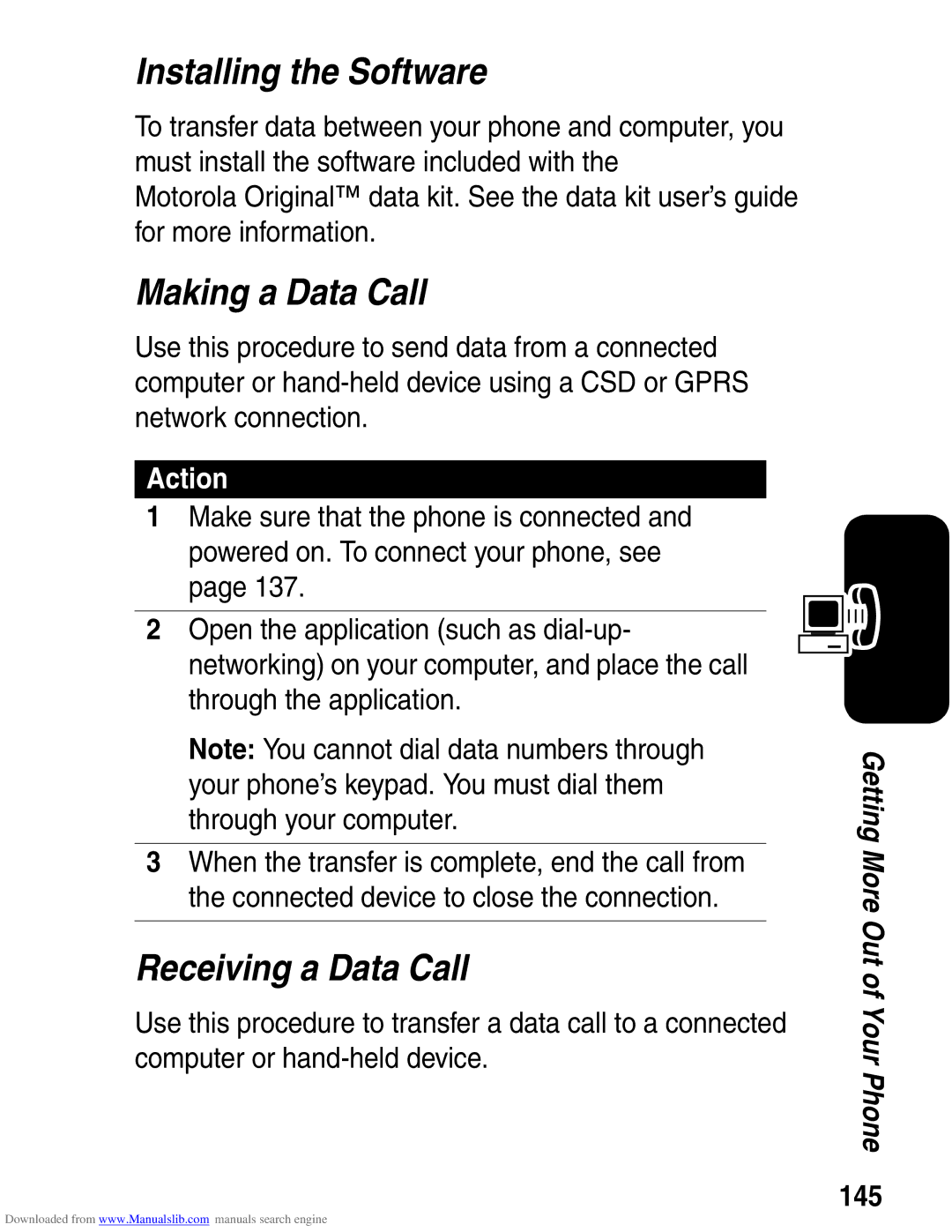 Motorola A845 3G manual Installing the Software, Making a Data Call, Receiving a Data Call, 145 