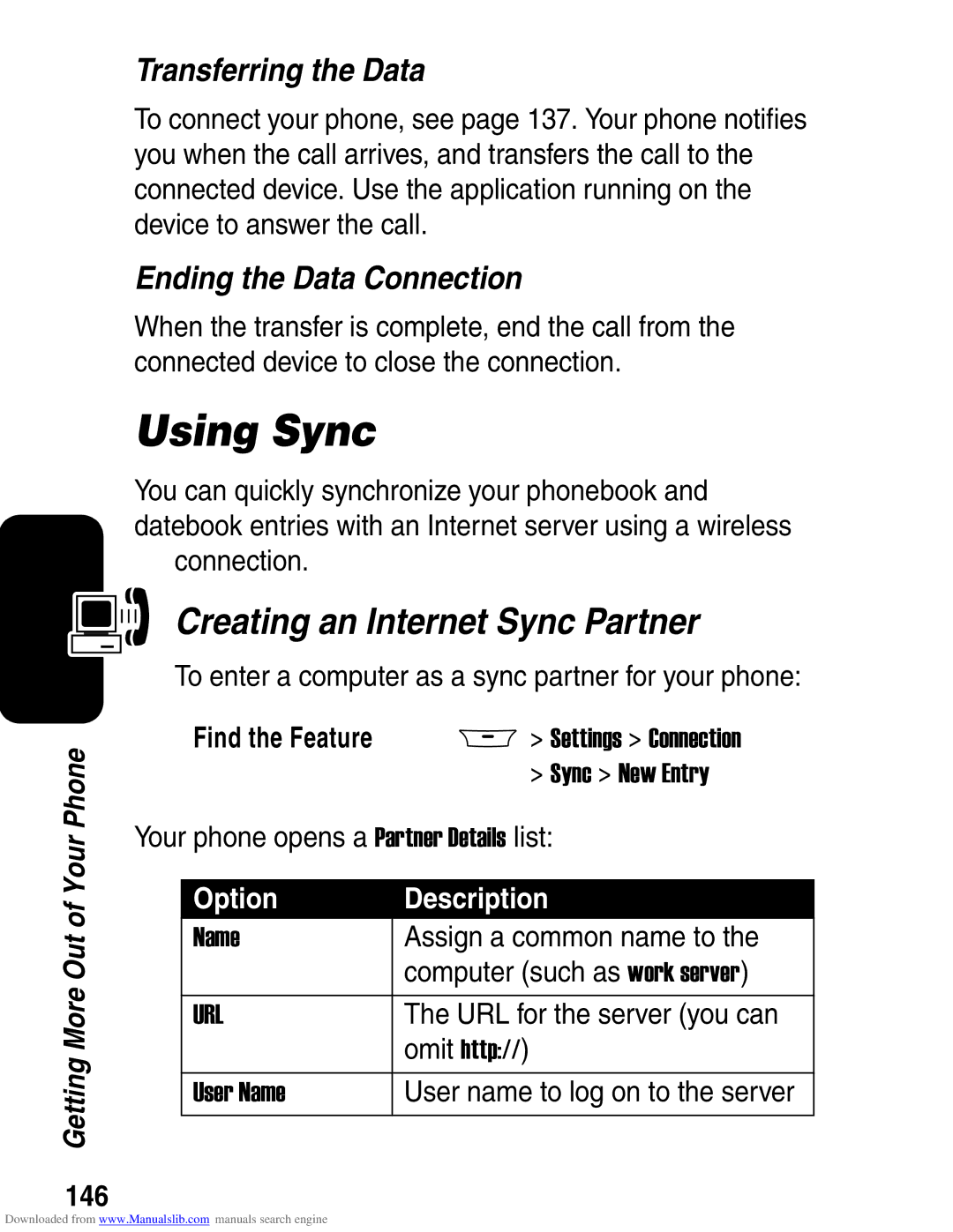 Motorola A845 3G manual Using Sync, Transferring the Data, Ending the Data Connection, 146 