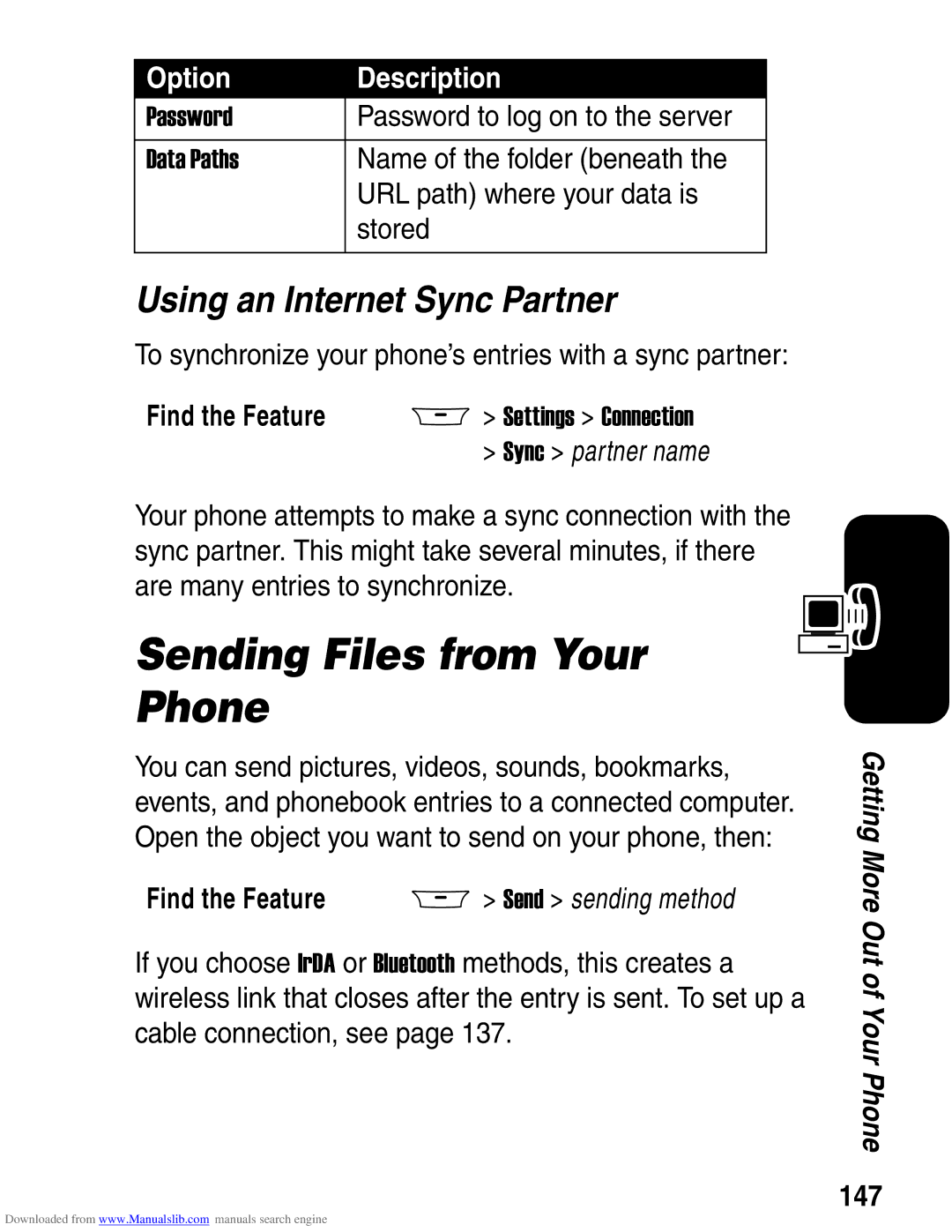 Motorola A845 3G Sending Files from Your Phone, Using an Internet Sync Partner, Find the Feature M Send sending method 