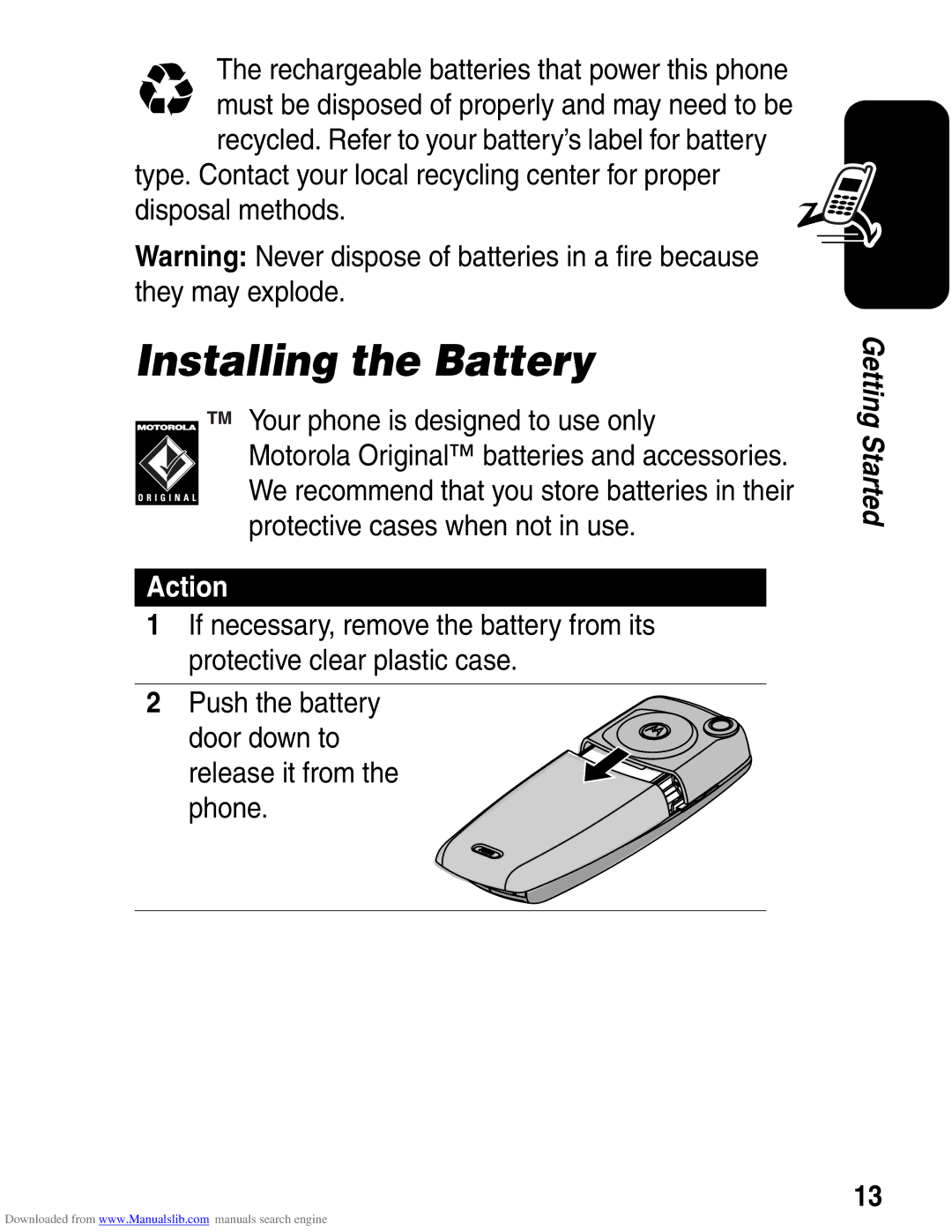 Motorola A845 3G Installing the Battery, Rechargeable batteries that power this phone, Your phone is designed to use only 