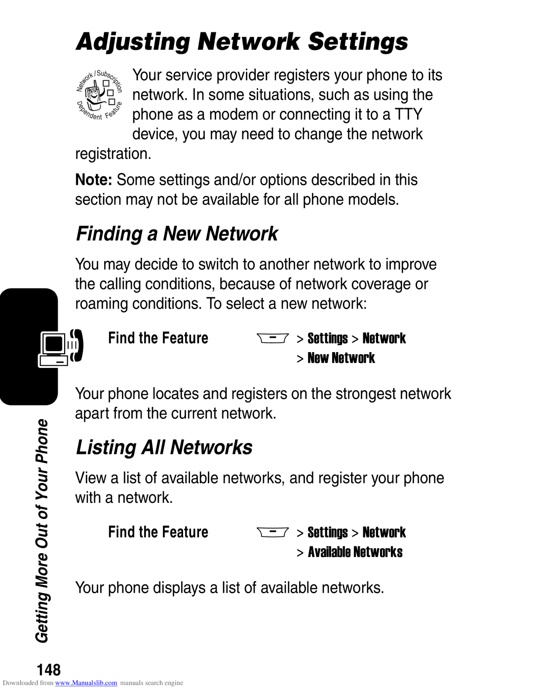 Motorola A845 3G manual Adjusting Network Settings, Finding a New Network, Listing All Networks, 148 