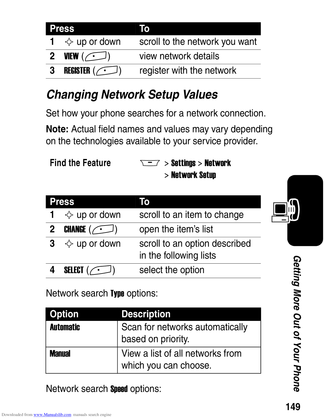 Motorola A845 3G manual Changing Network Setup Values, 149 